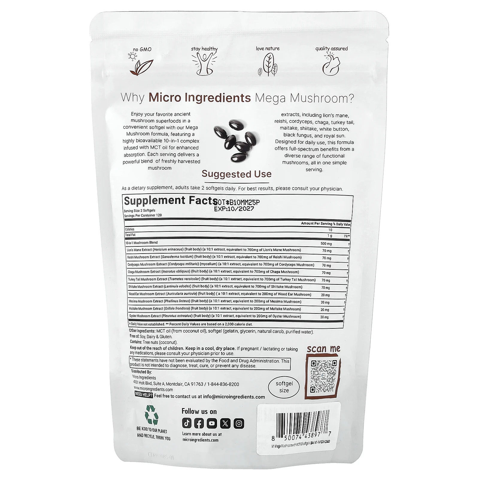 Micro Ingredients, Mega Mushrooms, 10 в 1, 240 капсул