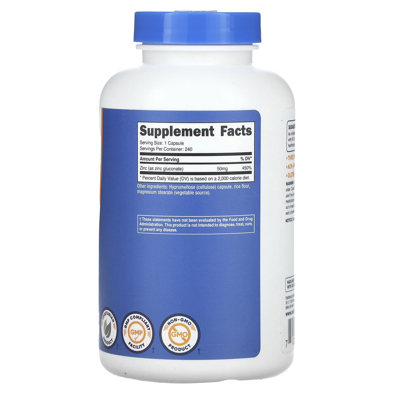 Nutricost, Глюконат цинка, 50 мг, 240 капсул