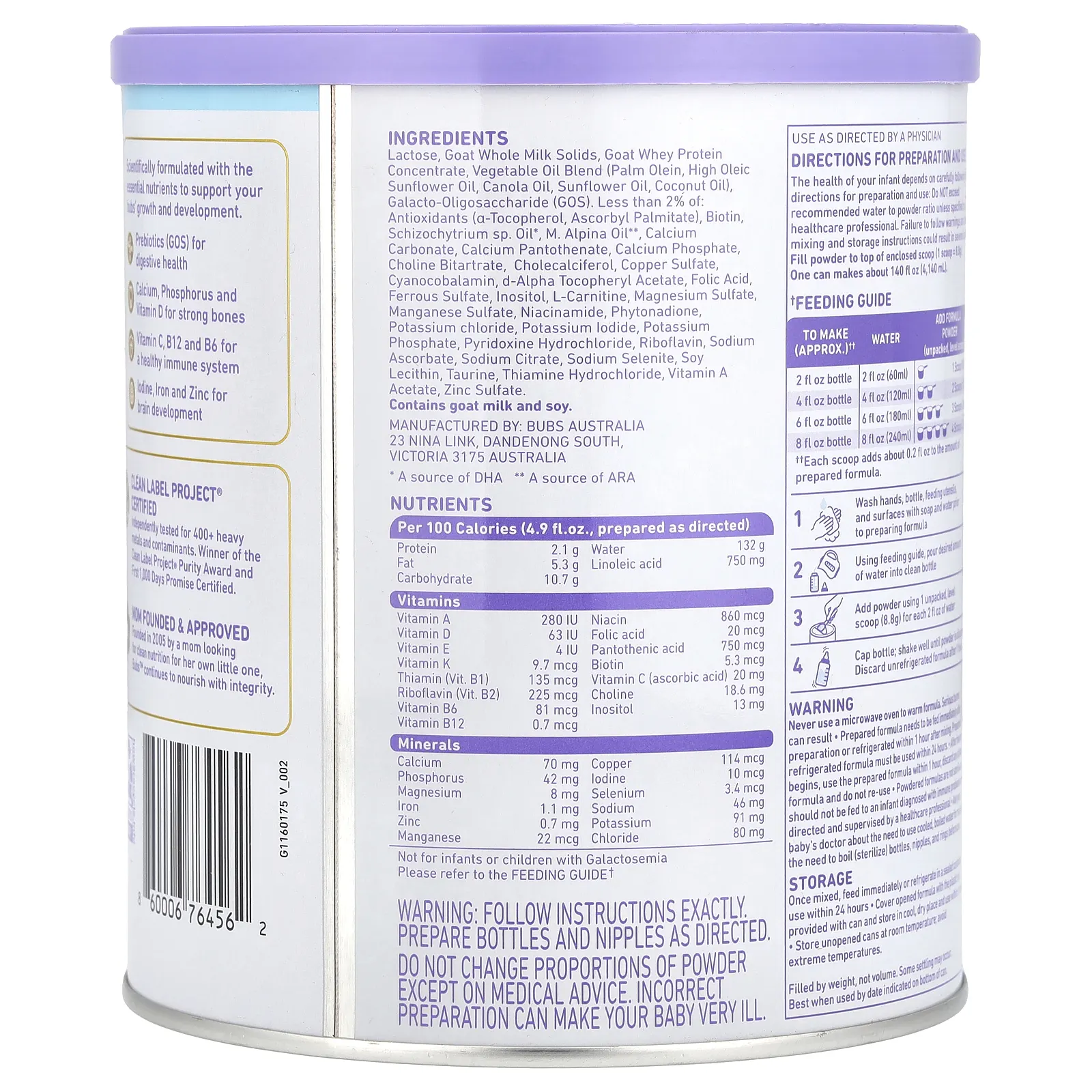 Aussie Bubs, Goat, смесь для младенцев с порошком на основе железного козьего молока, 0–12 месяцев, 567 г (20 унций)