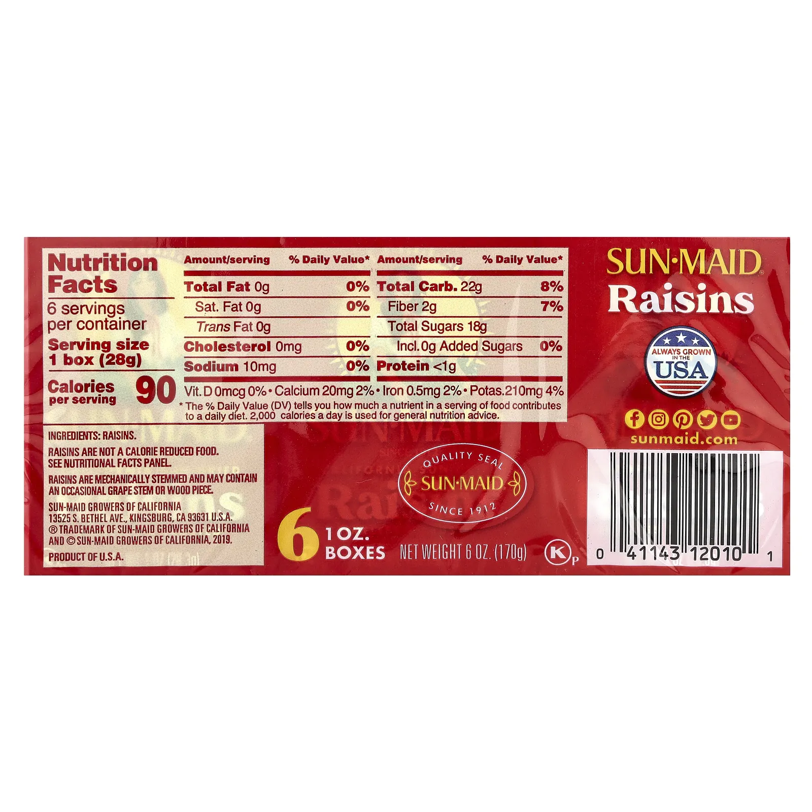 Sun-Maid, Калифорнийский сушеный на солнце изюм, 6 коробок по 28,3 г (1 унция)