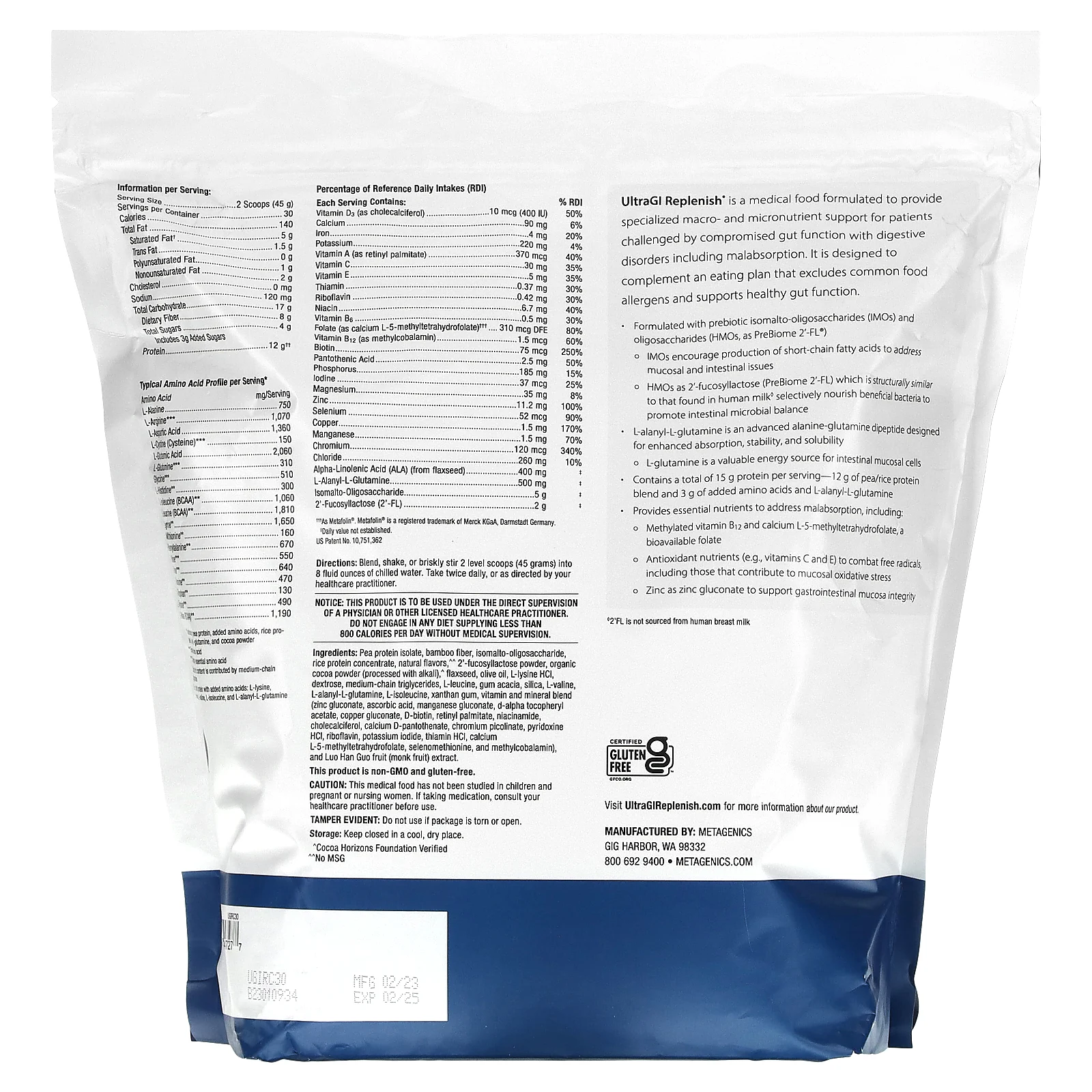 Metagenics, UltraGI Replenish, медицинское питание, шоколад, 2 фунта (15,62 унции)