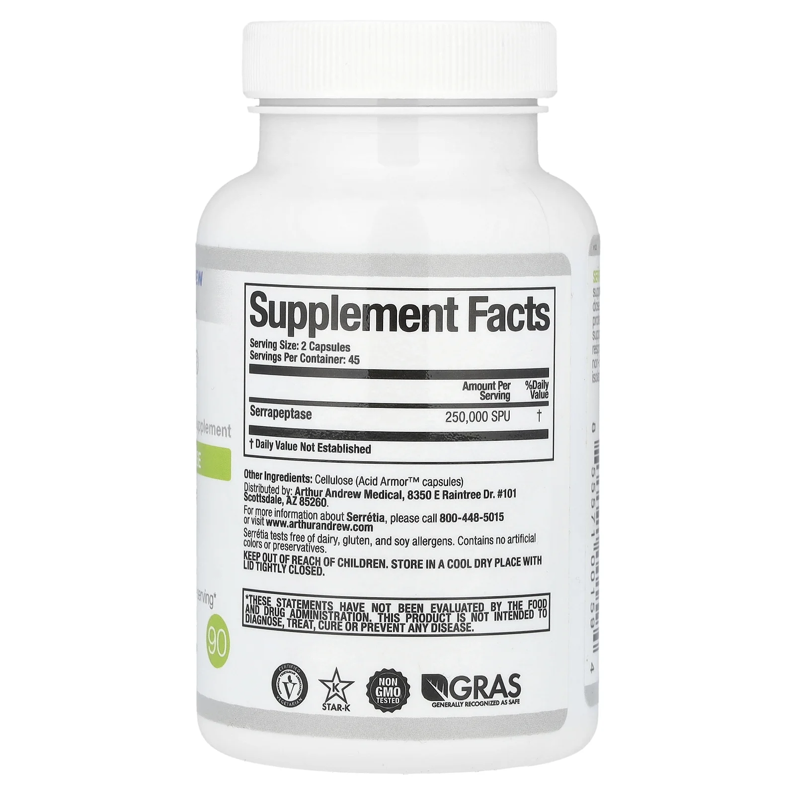 Arthur Andrew Medical, Serretia, чистая серрапептаза, 250 000 SPU, 90 капсул (125 000 SPU в 1 капсуле)