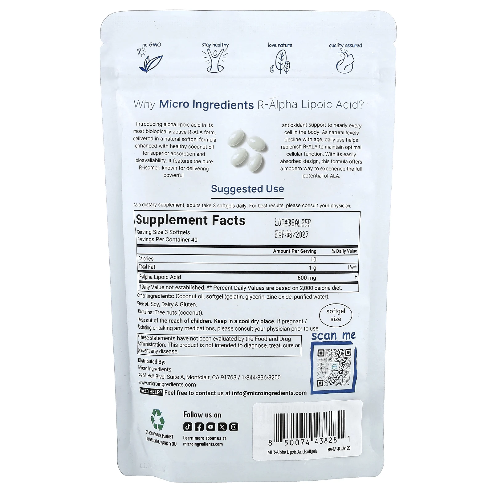 Micro Ingredients, R-альфа-липоевая кислота, 120 капсул (200 мг в 1 капсуле)