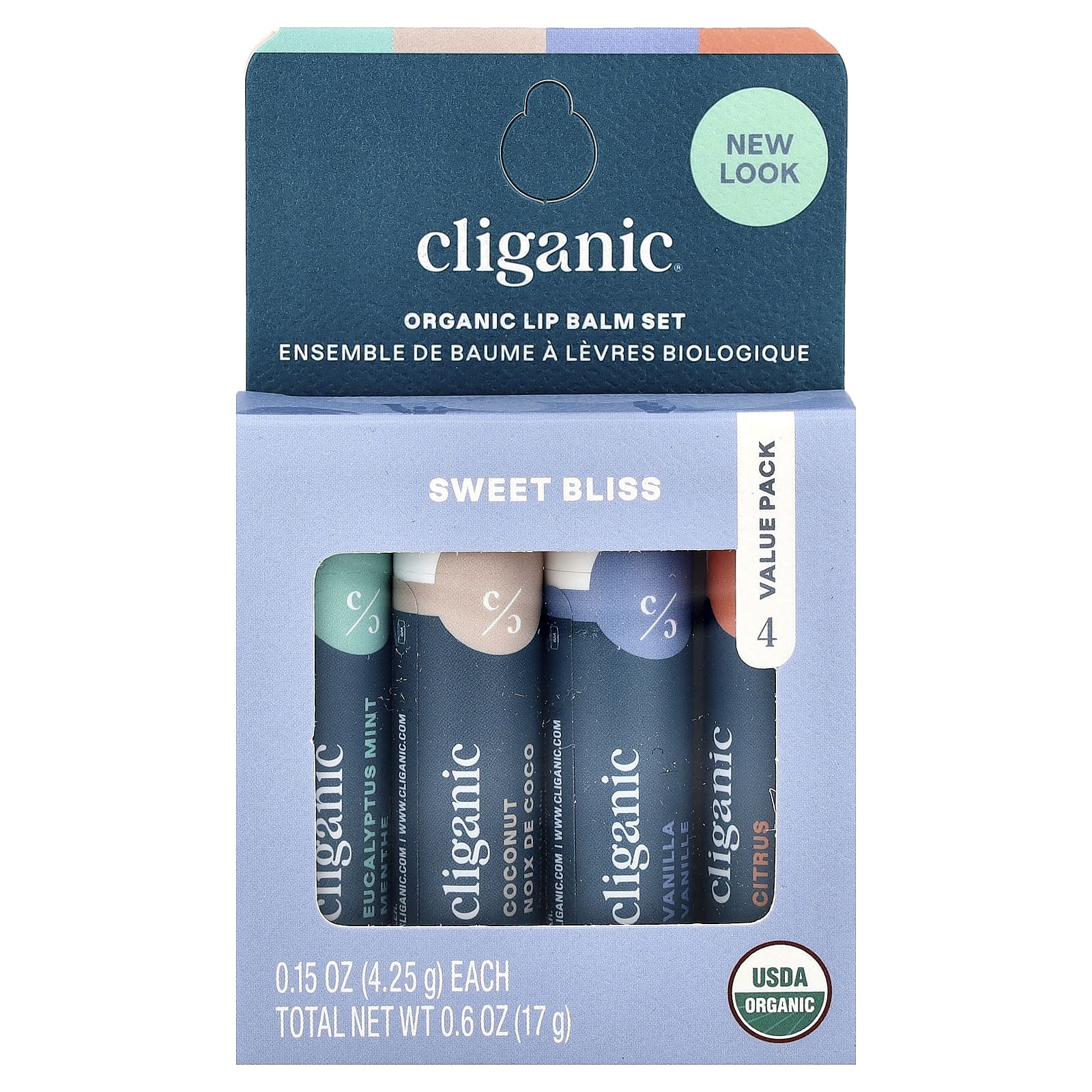Cliganic, Набор органических бальзамов для губ, Sweet Bliss, 4 шт. В упаковке, по 4,25 г (0,15 унции)