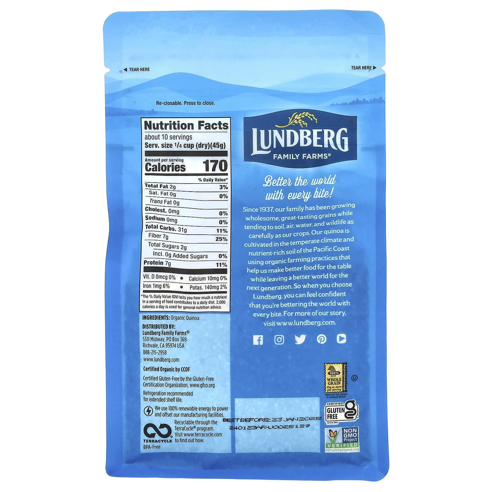 Lundberg, органическое белое киноа, 454 г (1 фунт)