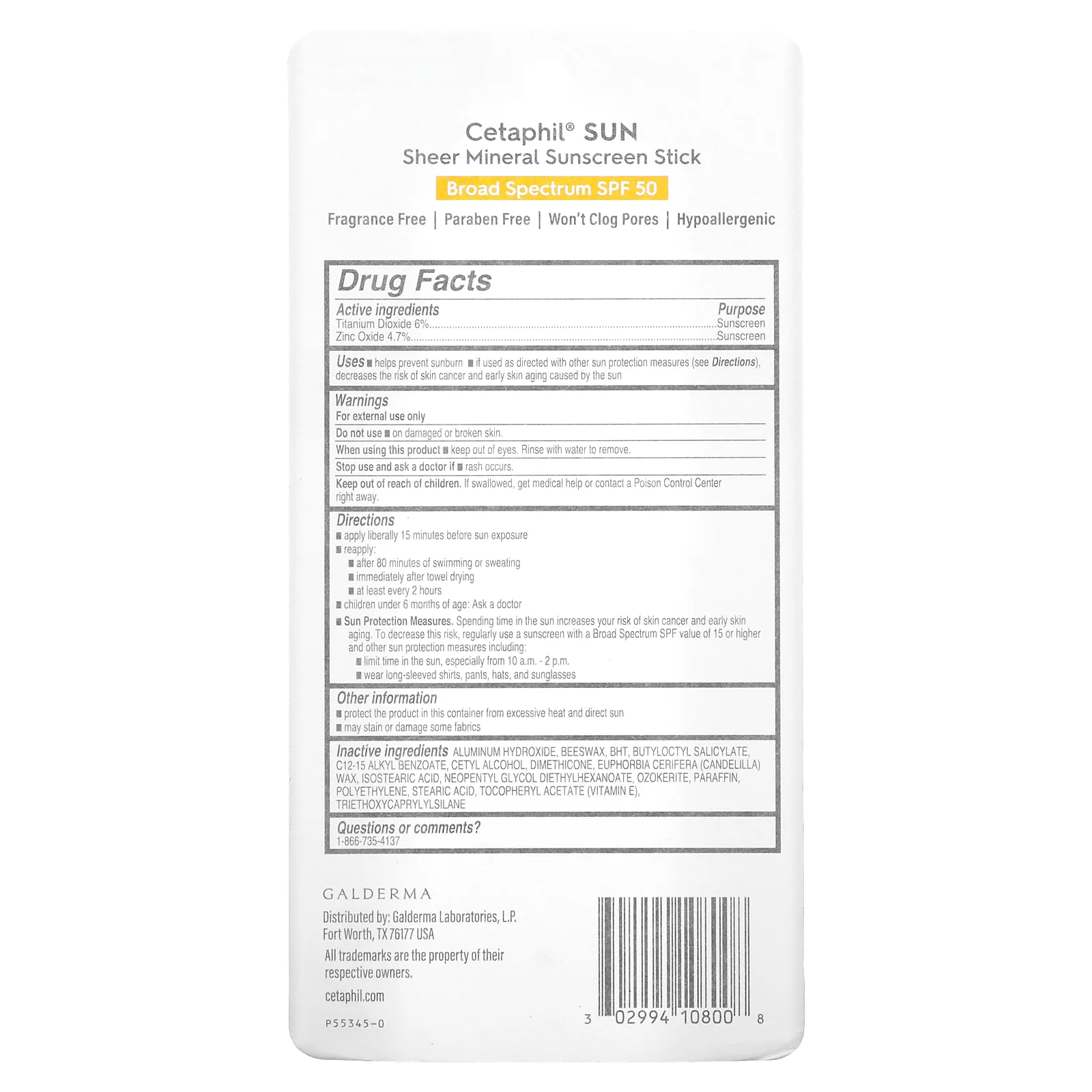 Cetaphil, Минеральный солнцезащитный стик-стик, SPF 50, 14 г (0,5 унции)