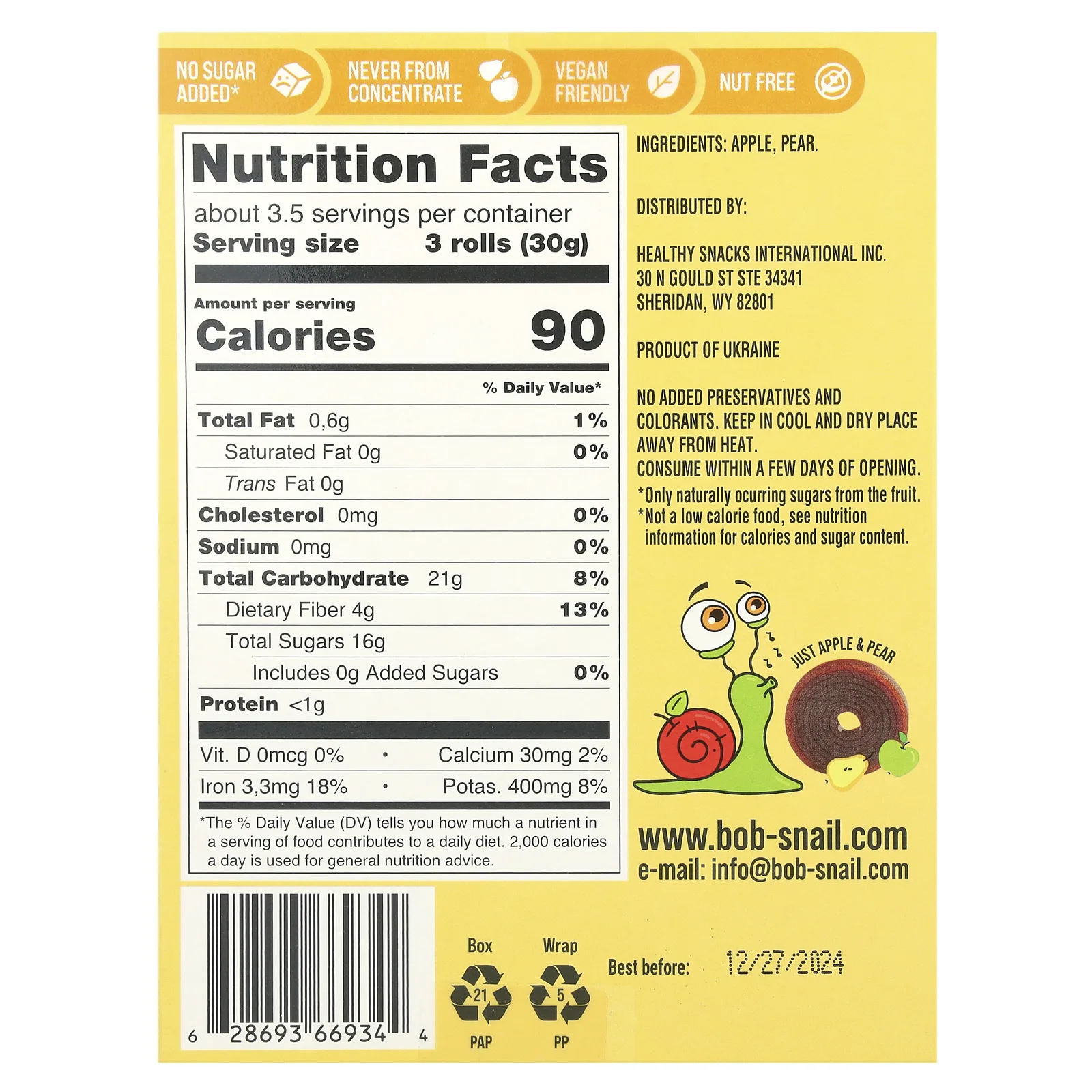 Bob Snail, Фруктовые рулеты, яблоко и груша, 10 пакетиков по 10 г (0,35 унции)