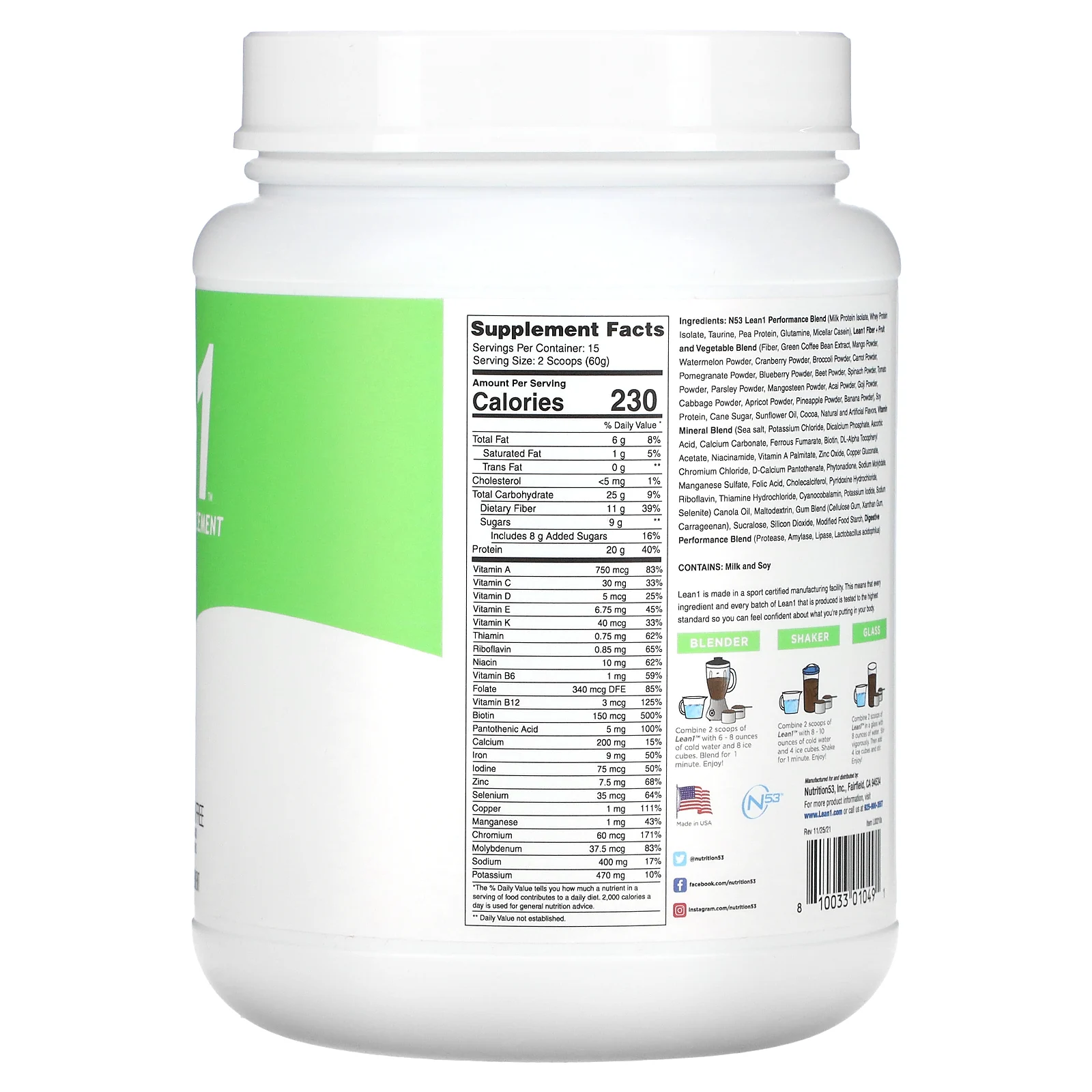 Lean1, Original, жиросжигающий протеиновый коктейль для замены приема пищи, со вкусом шоколада, 900 г (2 фунта)