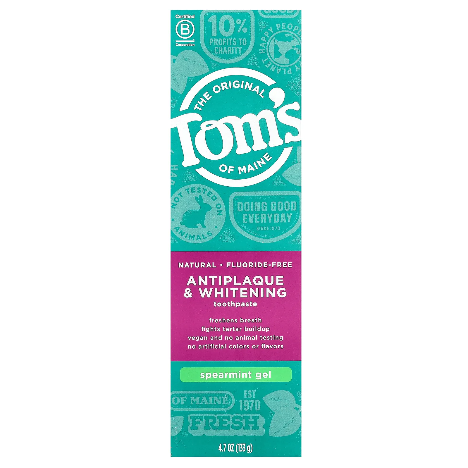 Tom's of Maine, натуральная зубная отбеливающая паста против налета, без фторидов, мята, 133 г (4,7 унции)