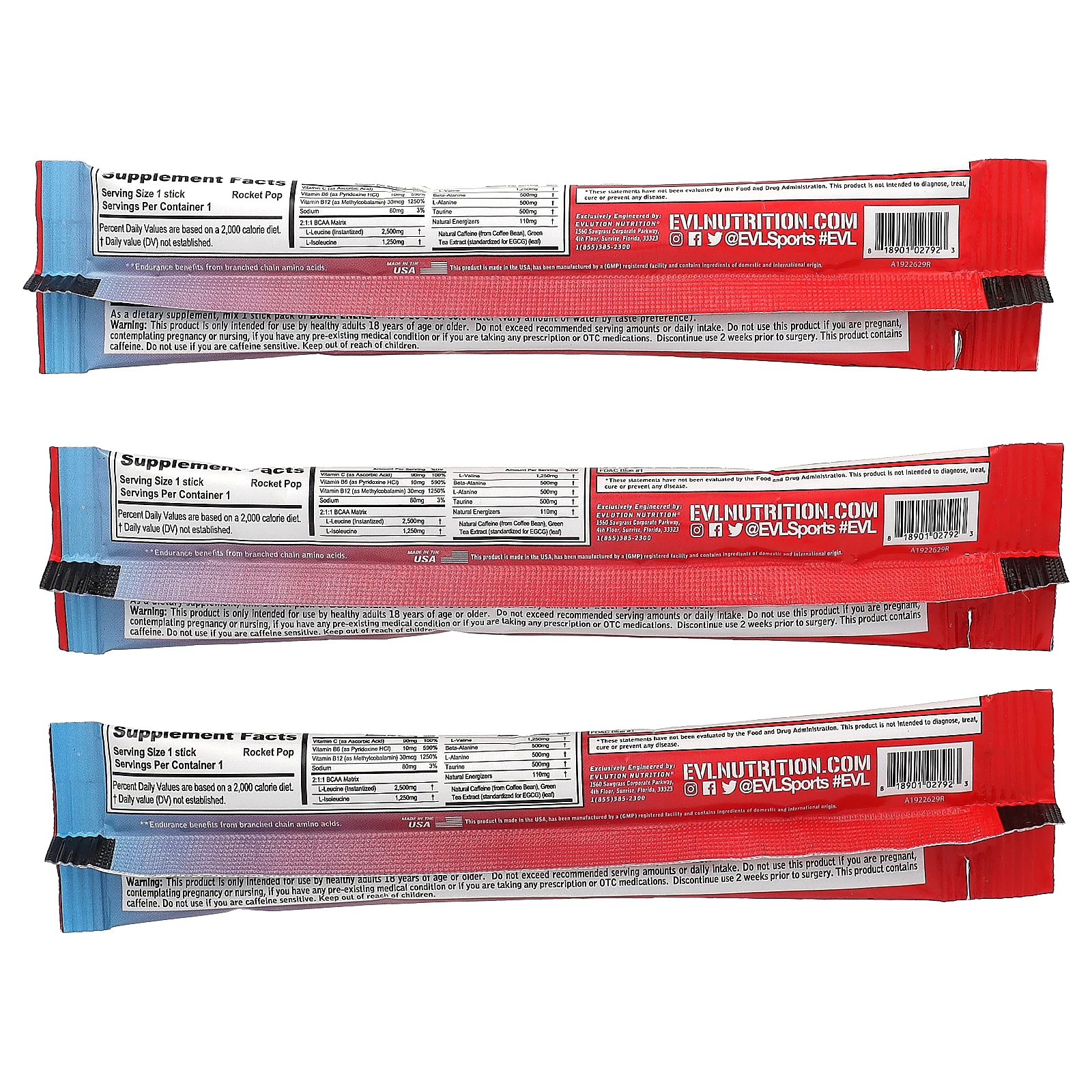 EVLution Nutrition, BCAA Energy, Rocket Pop, 3 пакетика по 9,4 г (0,33 унции)