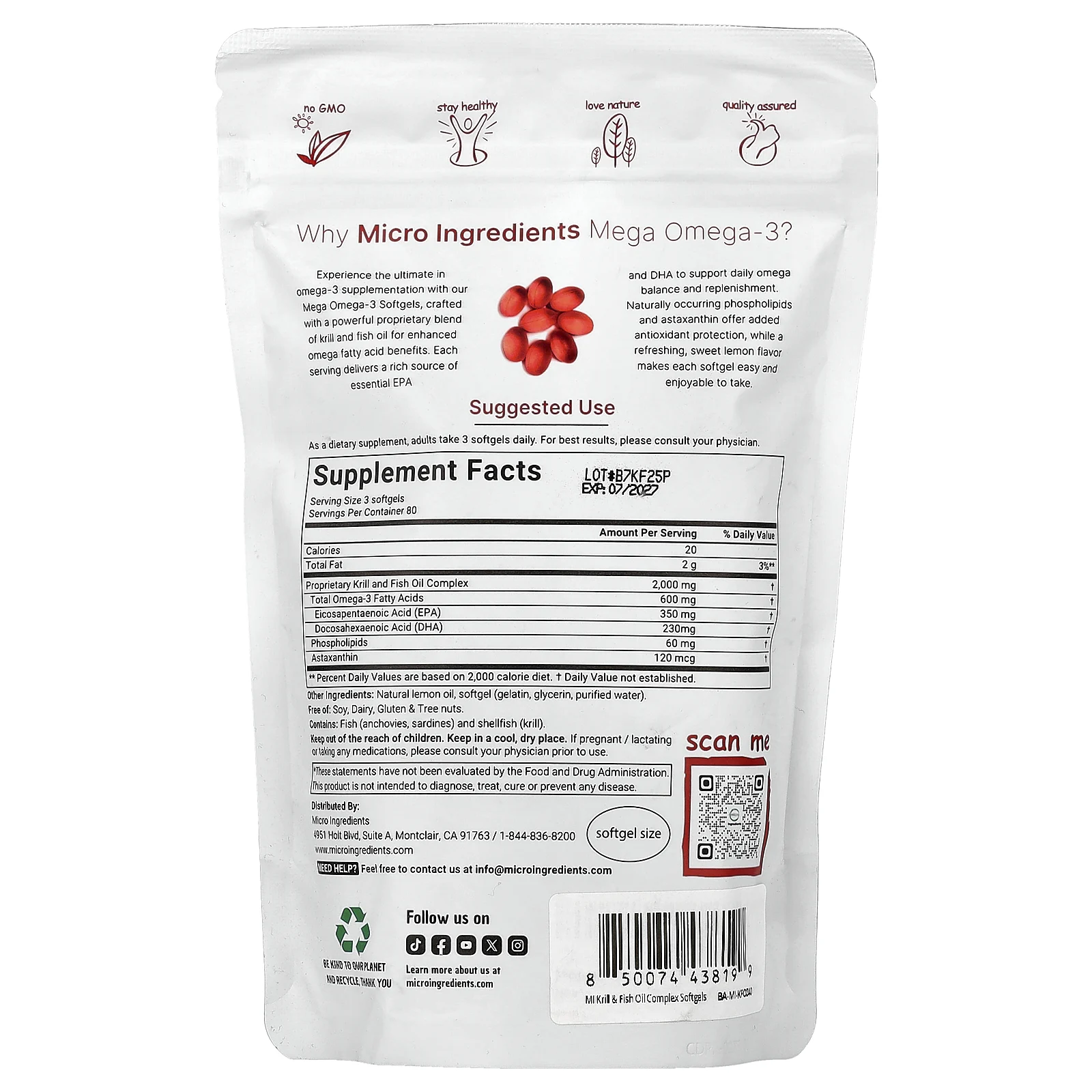 Micro Ingredients, Mega Omega-3, криль и рыбий жир с фосфолипидами и астаксантином, лимон, 240 капсул