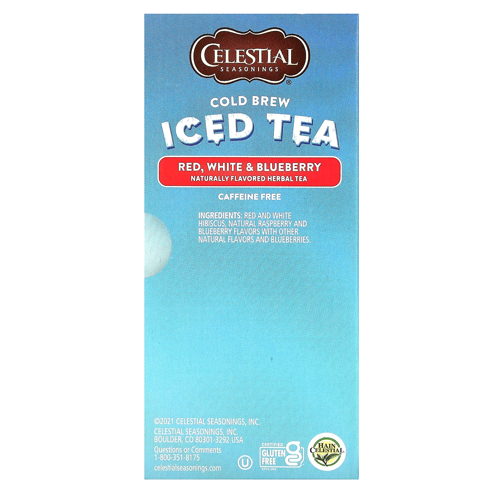 Celestial Seasonings, Холодный чай со льдом, красный, белый и голубика, без кофеина, 18 чайных пакетиков, 31 г (1,1 унции)