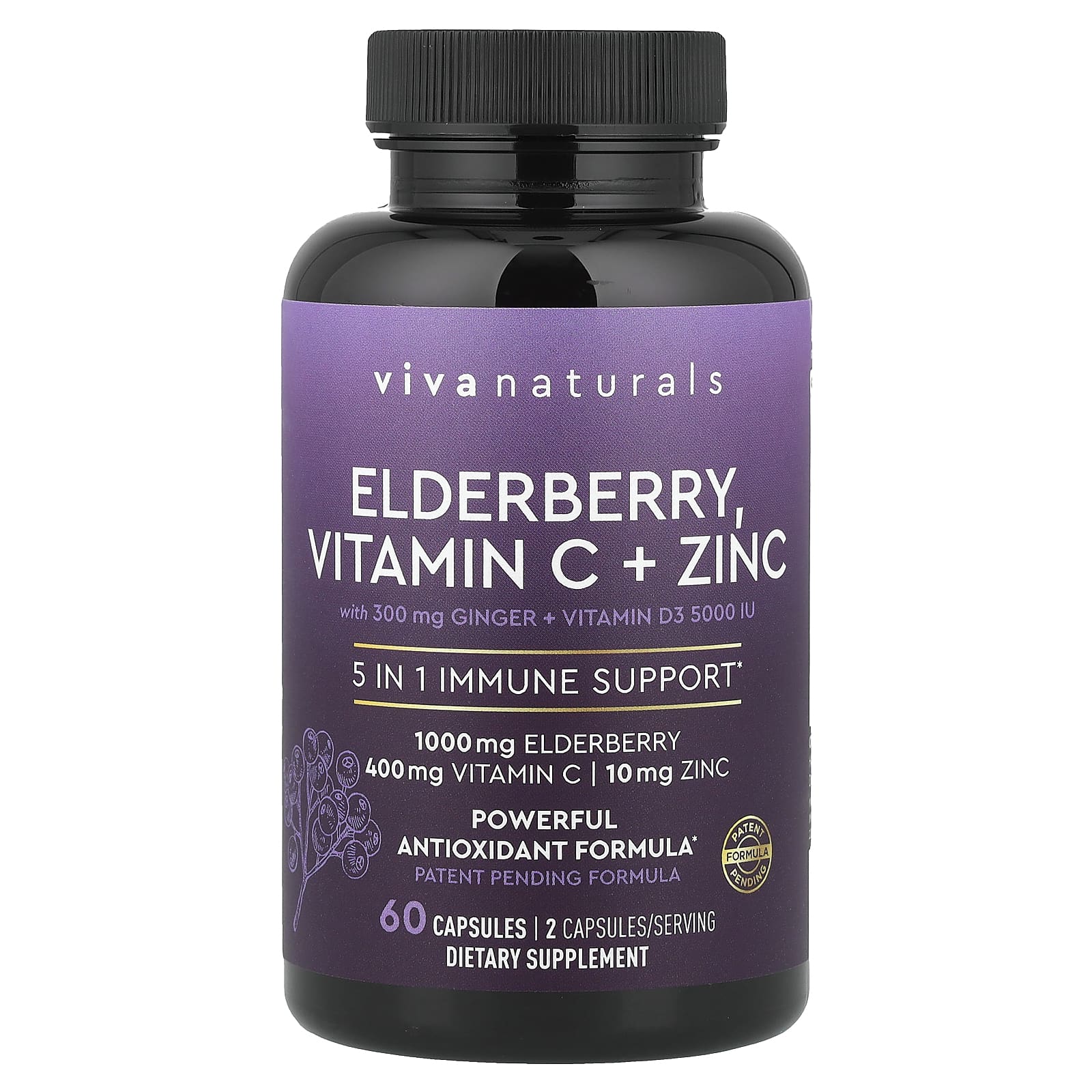 Viva Naturals, бузина, витамин C, цинк и имбирь, 60 капсул