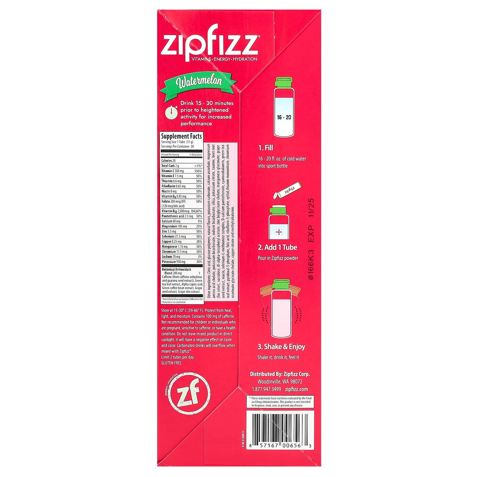 Zipfizz, арбуз, 20 трубочек по 11 г (0,39 унции)
