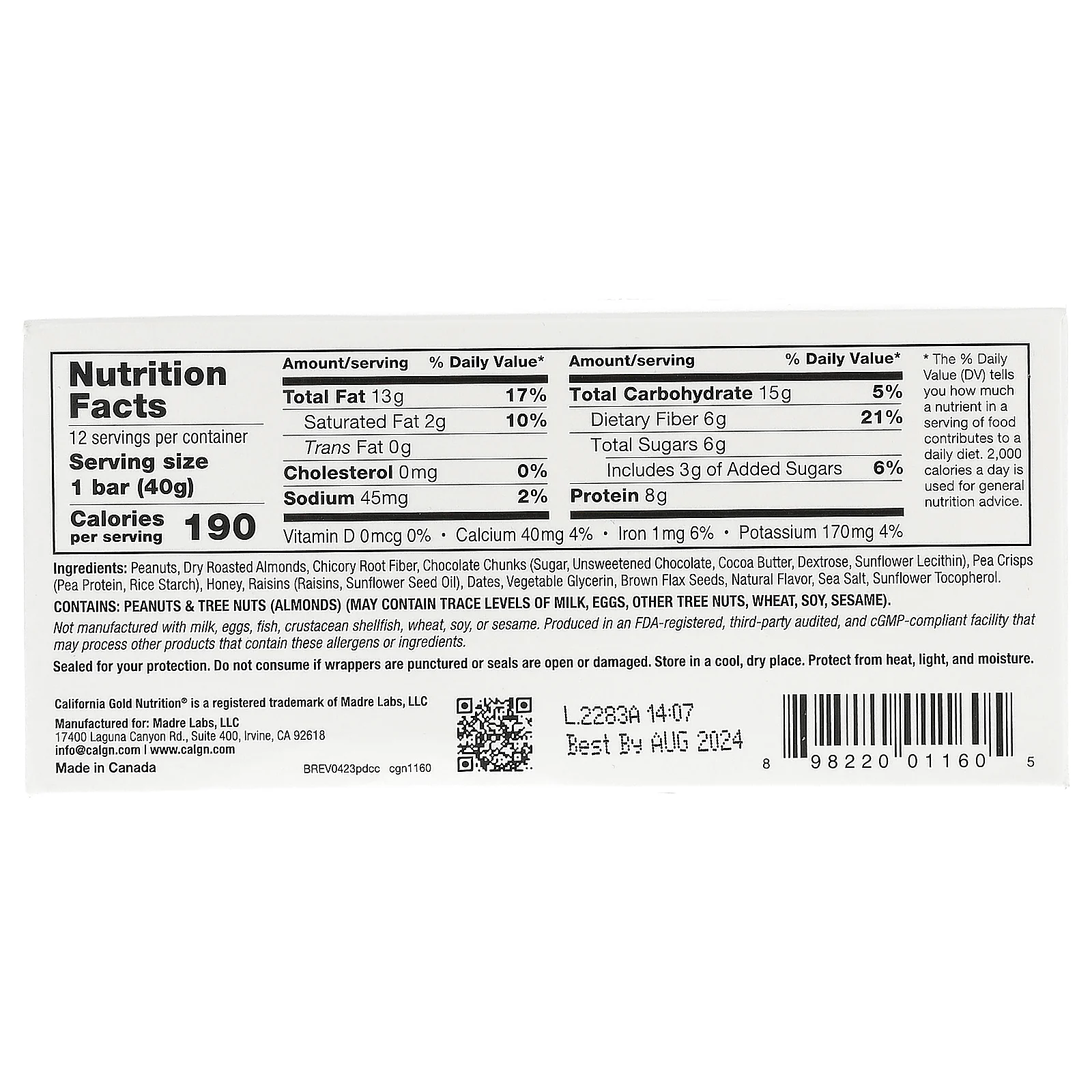 California Gold Nutrition, Foods, батончики с арахисом и кусочками черного шоколада, 12 штук, 40 г (1,4 унции) каждый