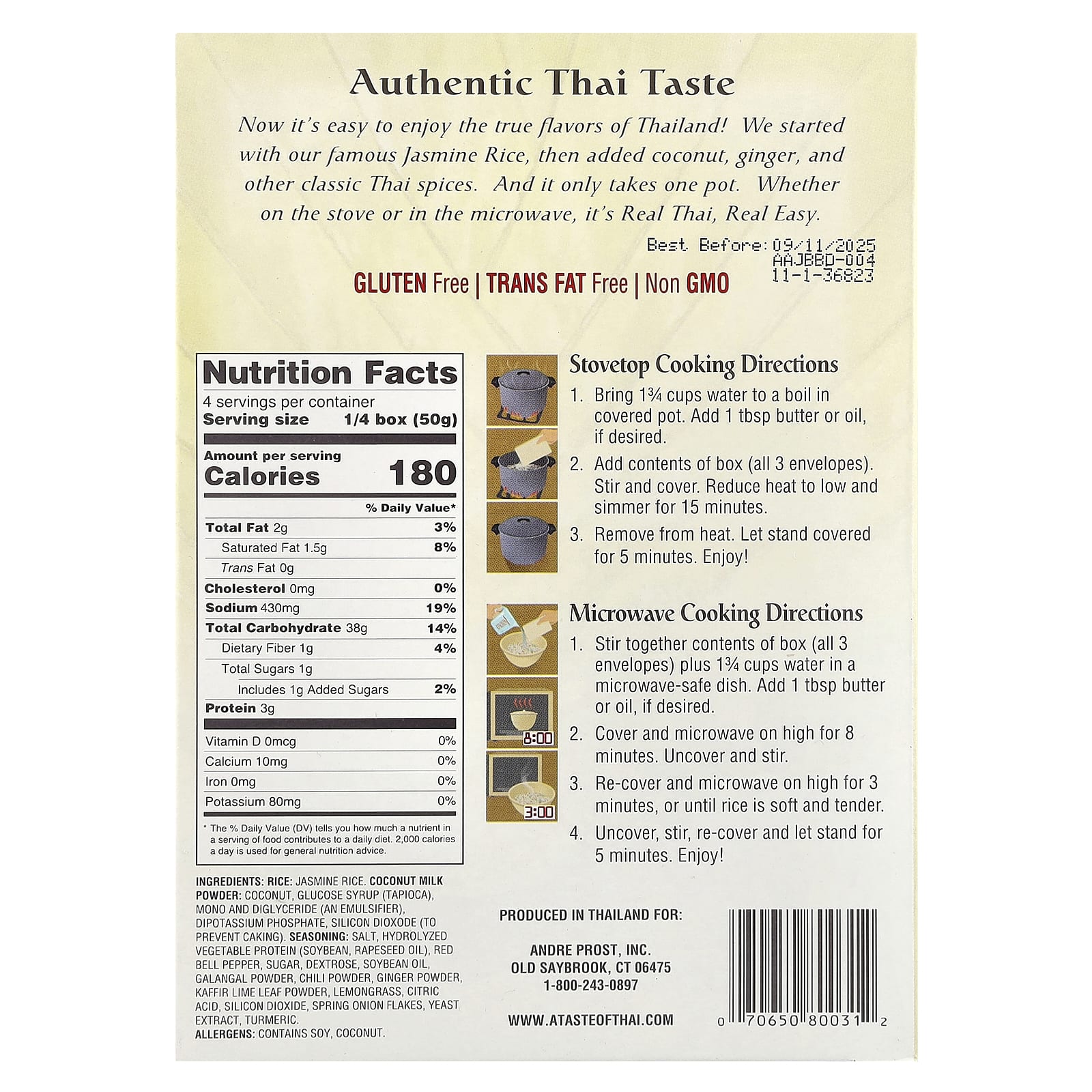 A Taste Of Thai, Рис с кокосом и имбирем, 200 г (7 унций)