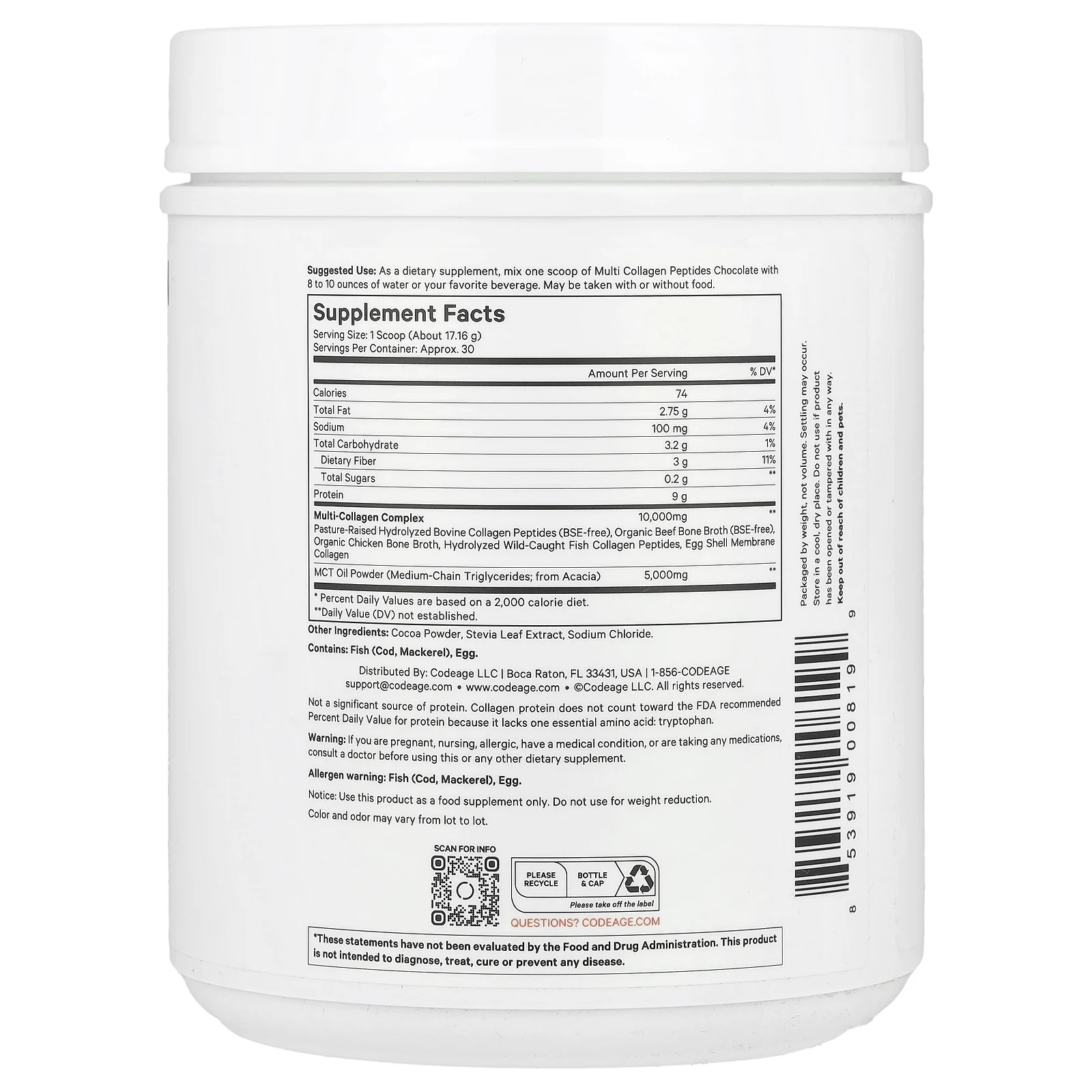 Codeage, пептиды коллагена нескольких типов, со вкусом шоколада, 515 г (18,17 унции)