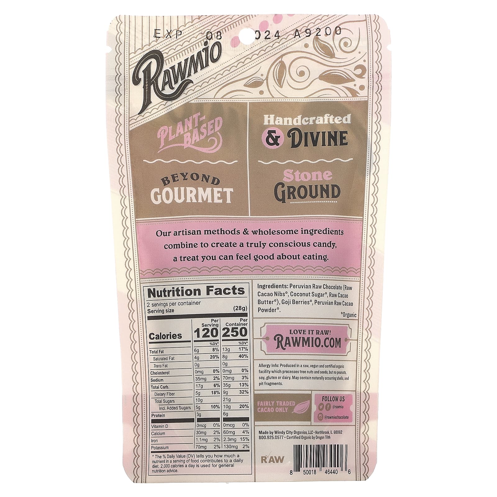 Rawmio, Ягоды годжи в шоколаде, 70% темный необработанный шоколад, 56,7 г (2 унции)