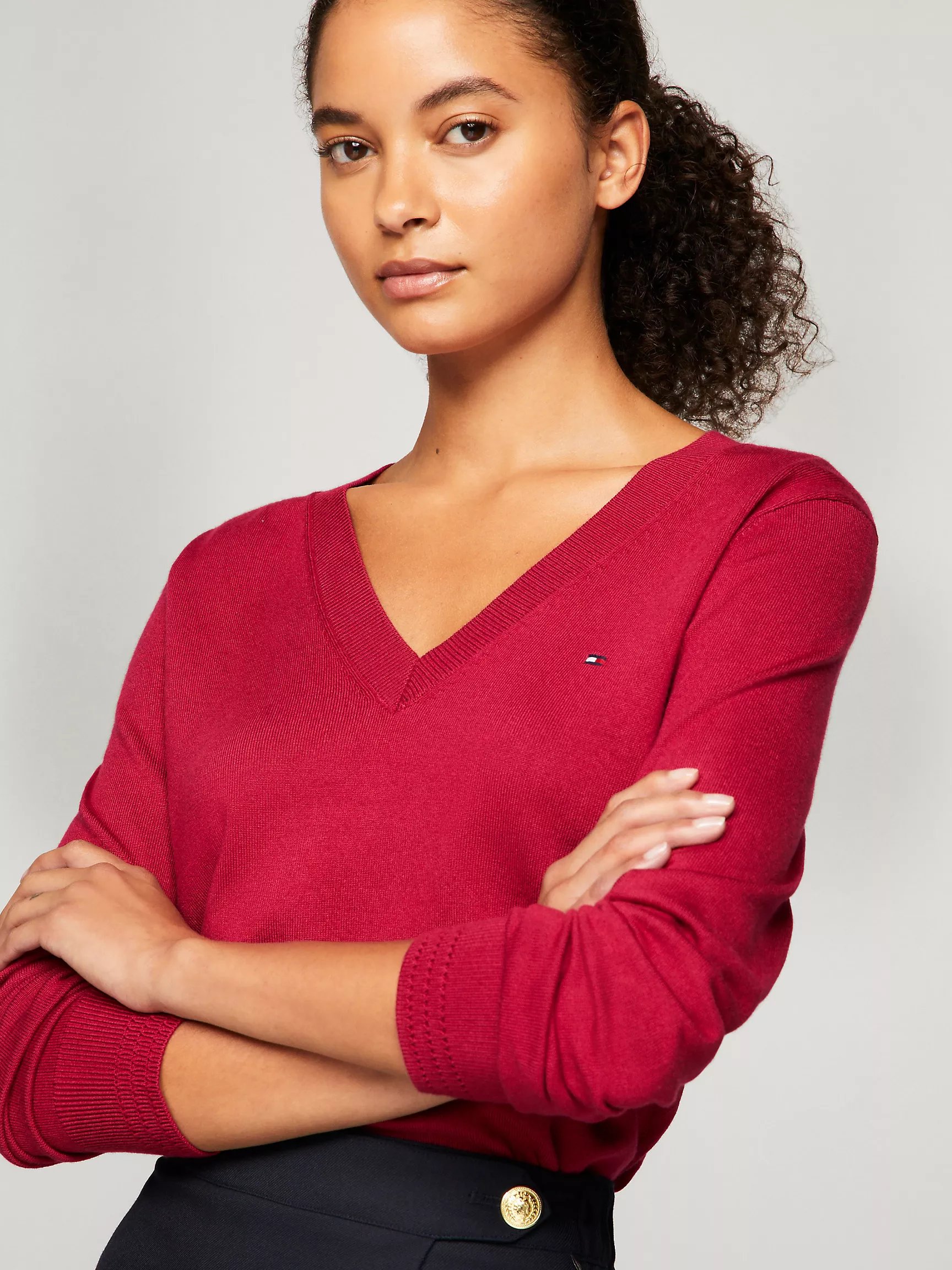 Женский свитер Tommy Hilfiger, Вязаный свитер с V-образным вырезом из вискозной смеси
