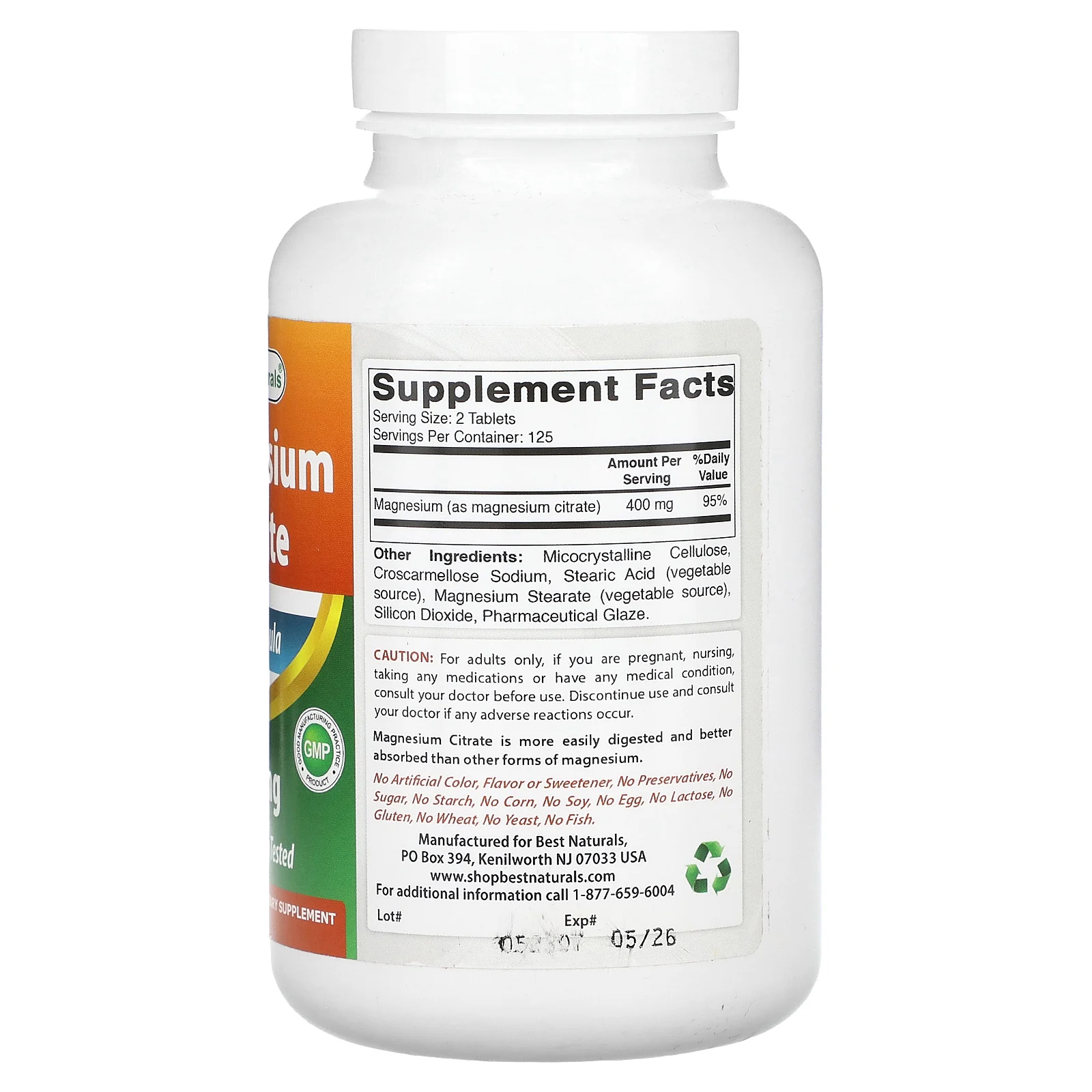 Best Naturals, цитрат магния, 400 мг, 250 таблеток (200 мг в 1 таблетке)