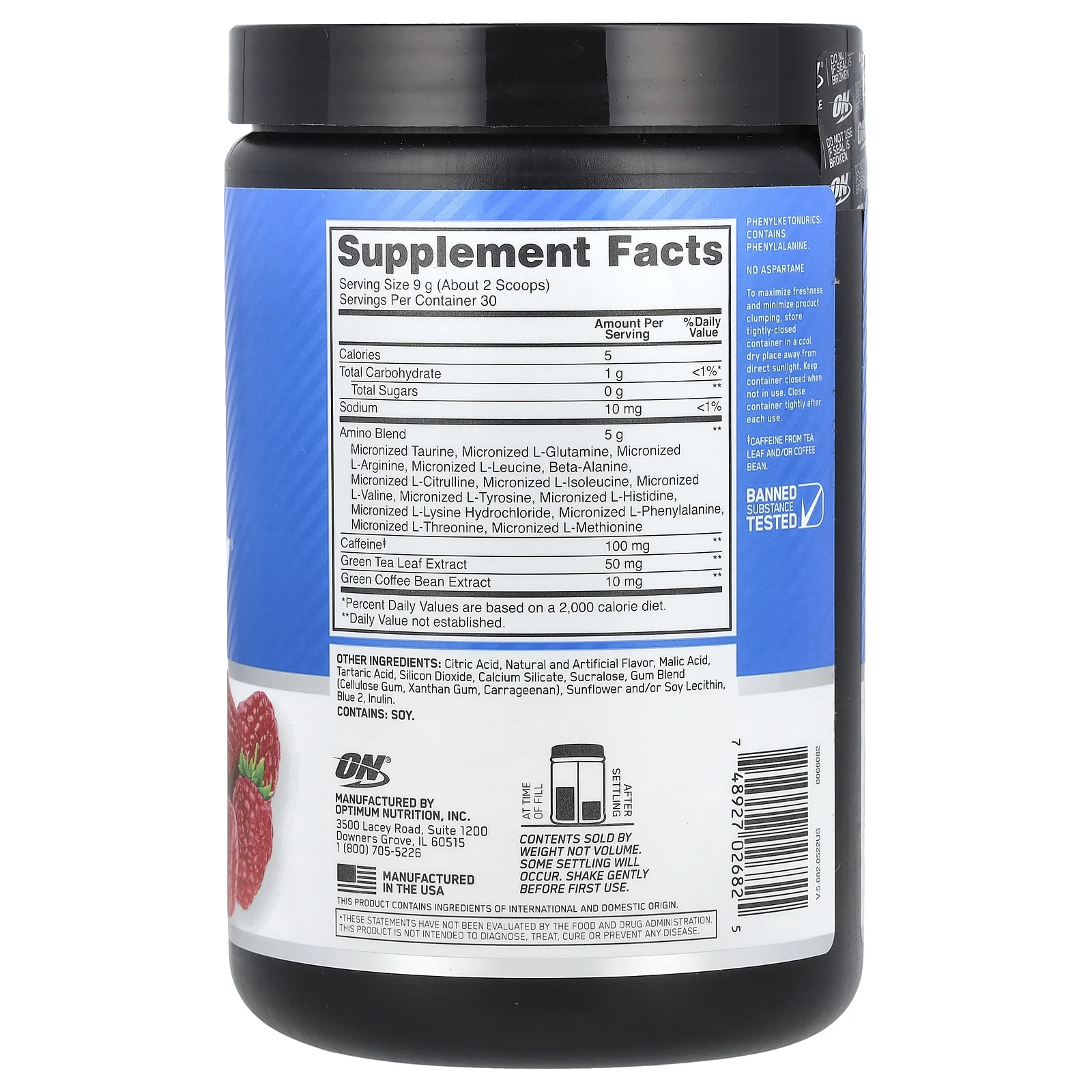 Optimum Nutrition, Essential Amin.O. Energy, голубая малина, 270 г (9,5 унций)