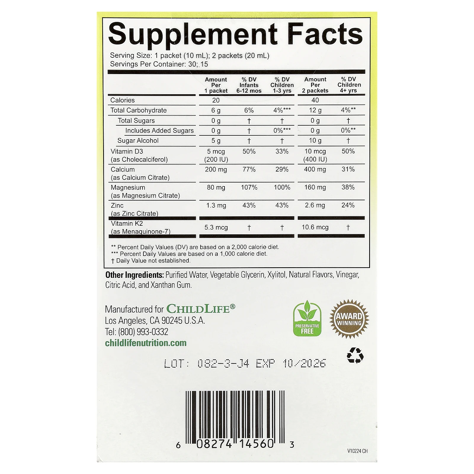 ChildLife Essentials, жидкий кальций с магнием + витамины K2 и D3, натуральный апельсин, 30 пакетиков, 10 мл (0,34 жидк. унции)