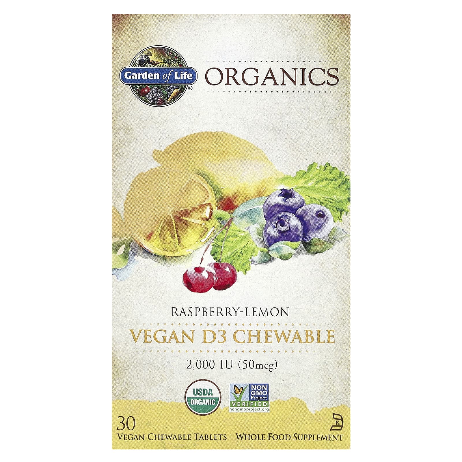 Garden of Life, MyKind Organics, веганский витамин D3, со вкусом малины и лимона, 2000 МЕ, 30 вегетарианских жевательных таблеток