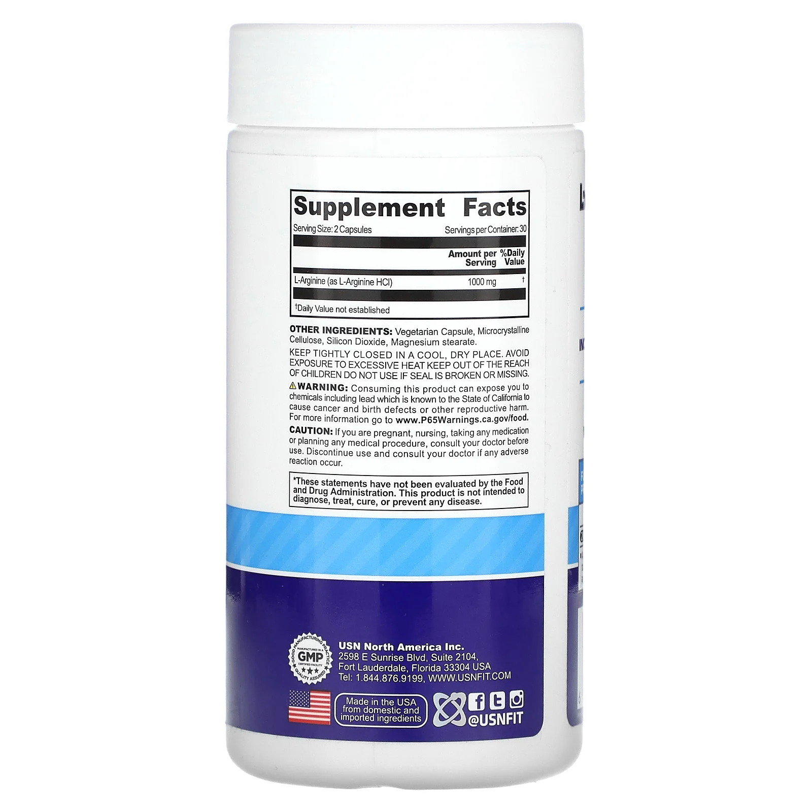 USN, L-аргинин, 1000 мг, 60 капсул (500 мг в 1 капсуле)