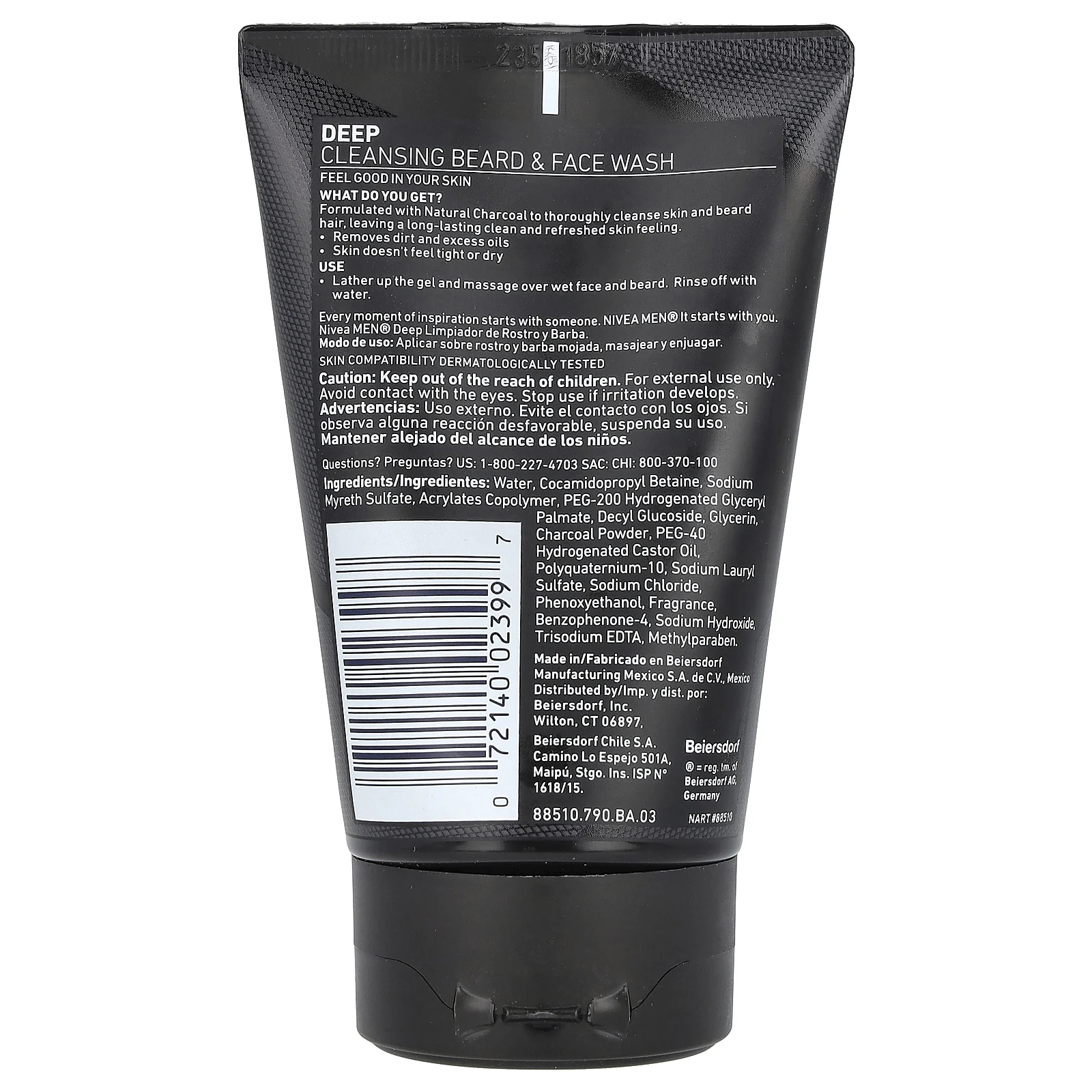 Nivea, Для мужчин, средство для мытья бороды и лица, глубокое очищение, с натуральным углем, 100 мл (3,3 жидк. Унции)