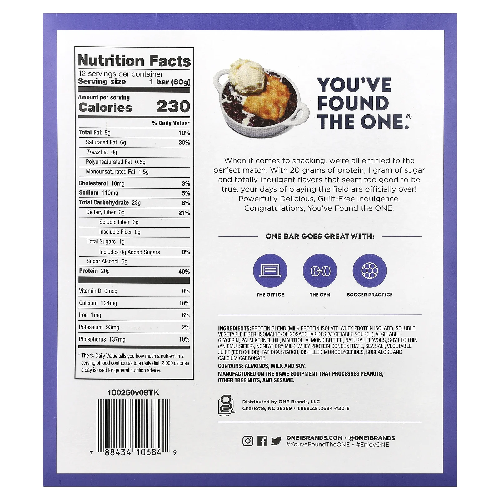 One Brands, ONE Bar, черничный коблер, 12 батончиков, 60 г (2,12 унции) каждый