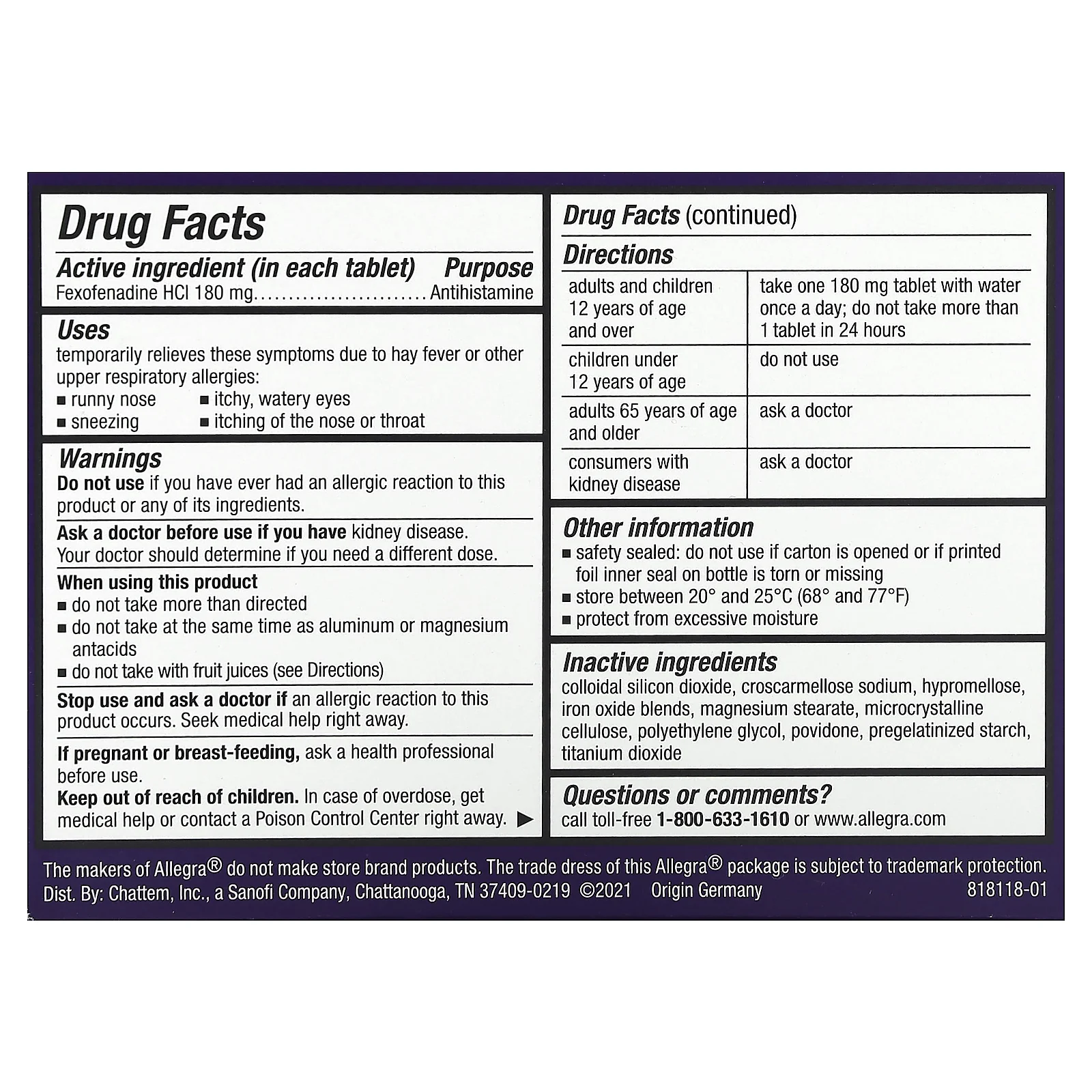 Allegra, Allergy 24 HR, не вызывающий сонливости, 40 таблеток