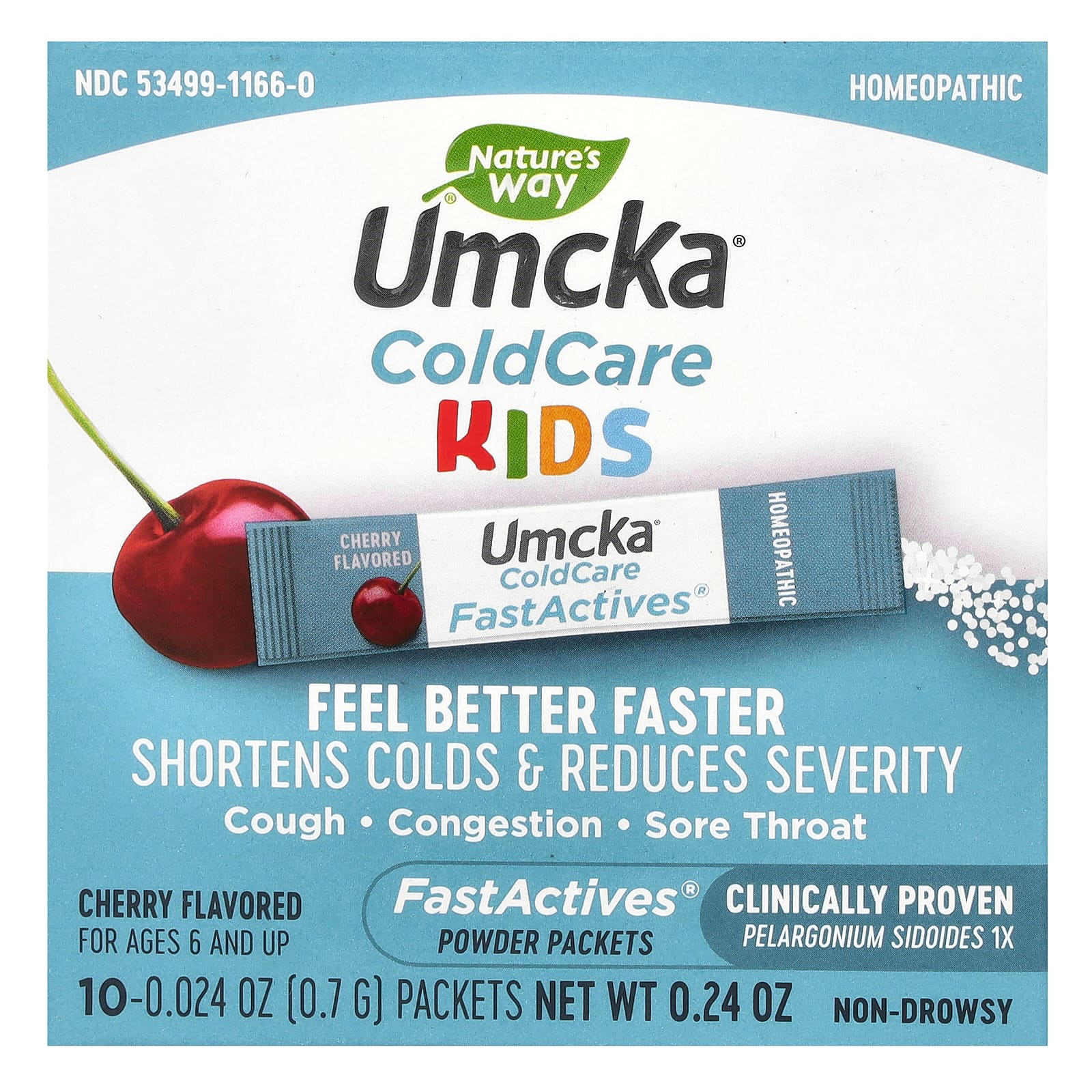 Nature's Way, Umcka, ColdCare Kids, FastActives, для детей от 6 лет, с вишневым вкусом, 10 пакетиков с порошком