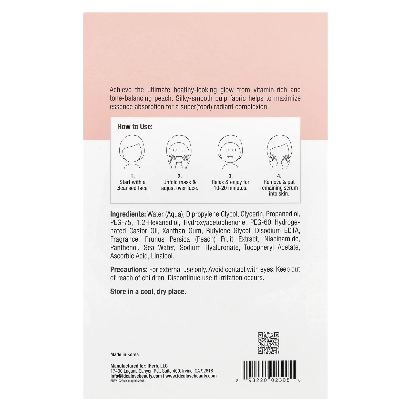 Idealove, Superfood Skin Savior, маска для лица с суперфудами, персик, 5 шт. по 20 мл (0,68 жидк. унции)