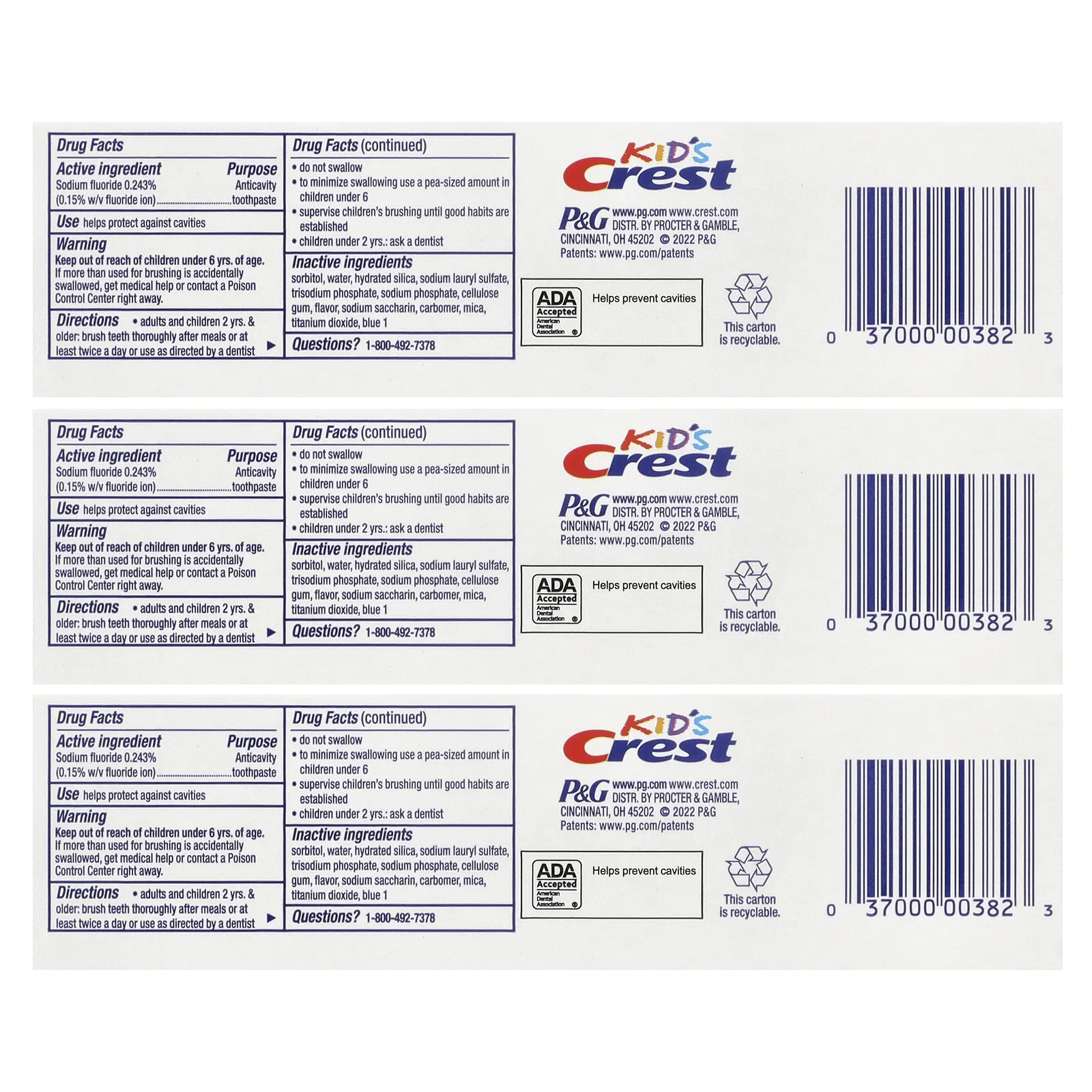 Crest, для детей, зубная паста против кариеса с фтором, с блестками, 3 шт. в упаковке, 130 г (4,6 унции)