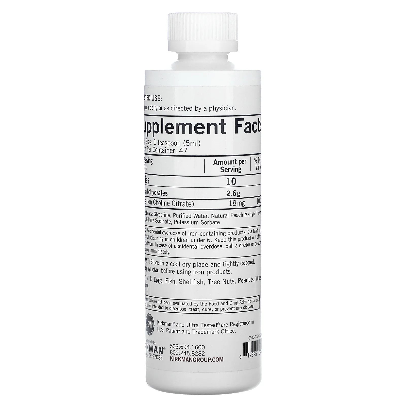 Kirkman Labs, Liquid Iron, натуральный персик и манго, 237 мл (8 жидк. унций)