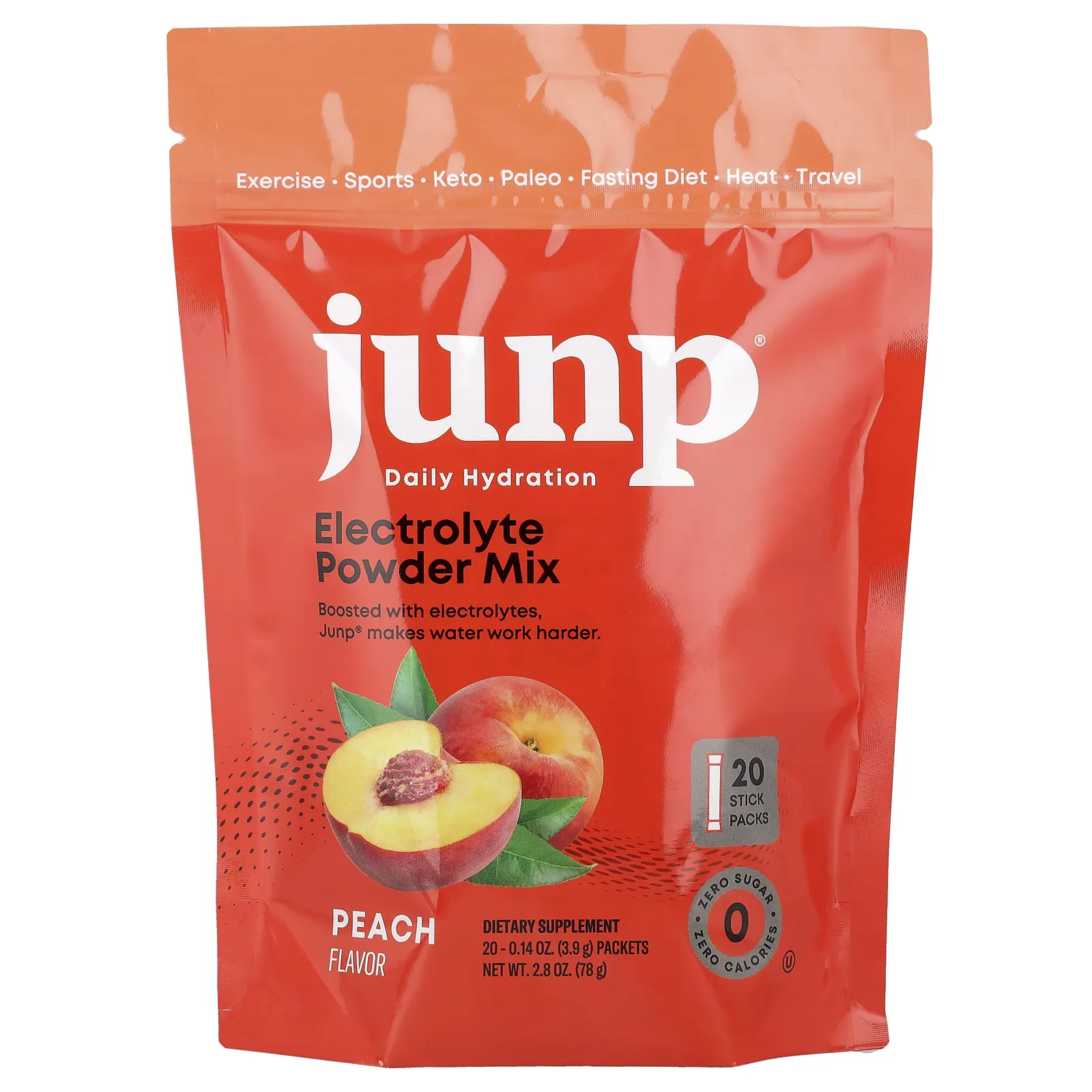 JUNP Hydration, электролитная порошковая смесь, персик, 20 пакетиков по 3,9 г (0,14 унции)