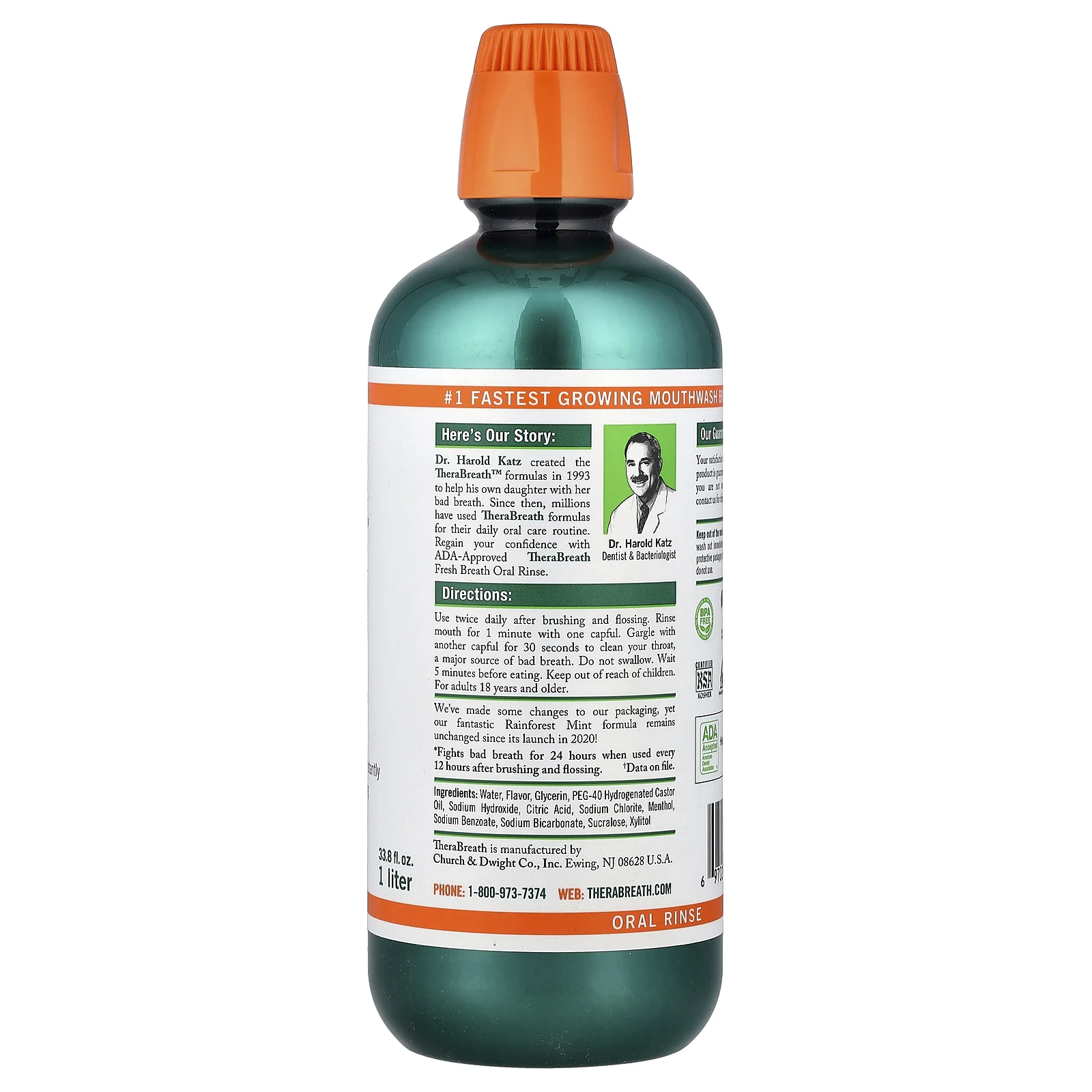 TheraBreath, ополаскиватель для рта, для свежести дыхания, тропическая мята, 1 л (33,8 жидк. унции)
