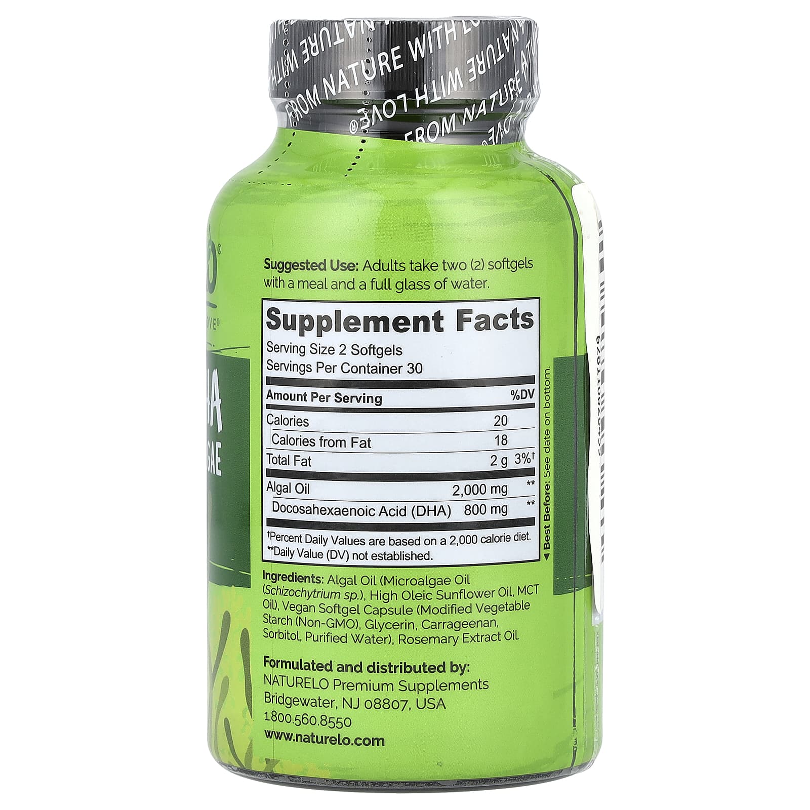 NATURELO, веганская ДГК, омега-3 из водорослей, 800 мг, 60 веганских капсул (400 мг в 1 капсуле)