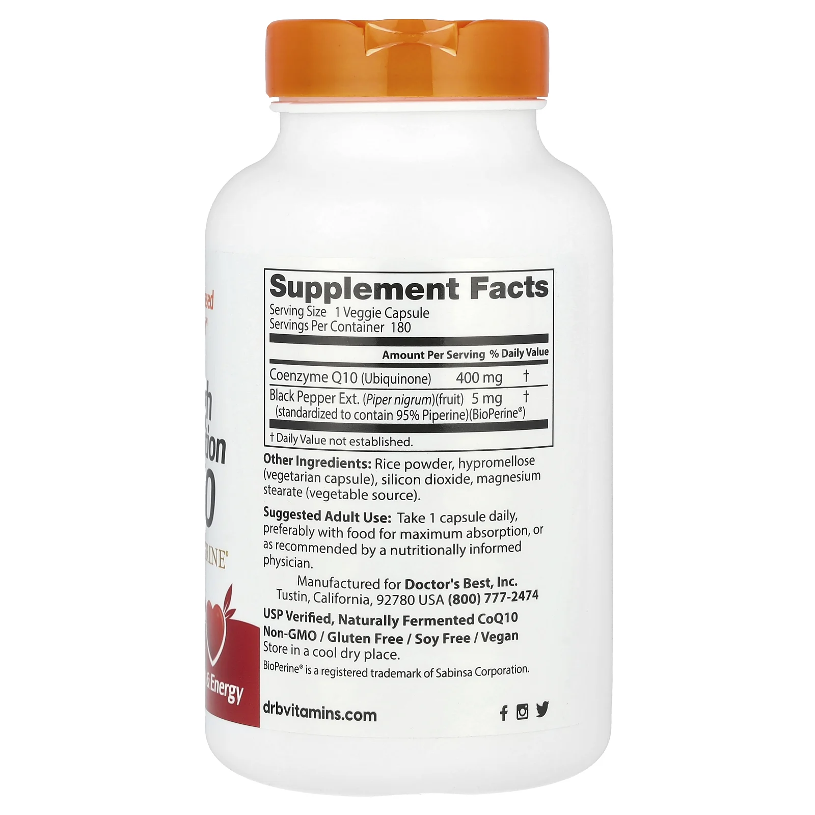 Doctor's Best, коэнзим Q10 с высокой степенью всасывания, с BioPerine, 400 мг, 180 растительных капсул