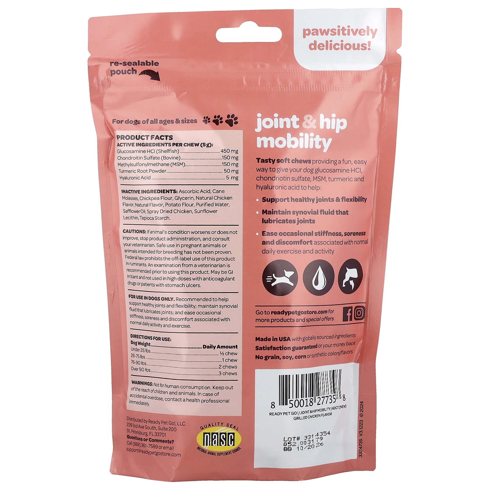 Ready Pet Go, Подвижность суставов и бедер, для собак, для всех возрастов, курица-гриль, 60 жевательных таблеток, 300 г (10,6 унции)