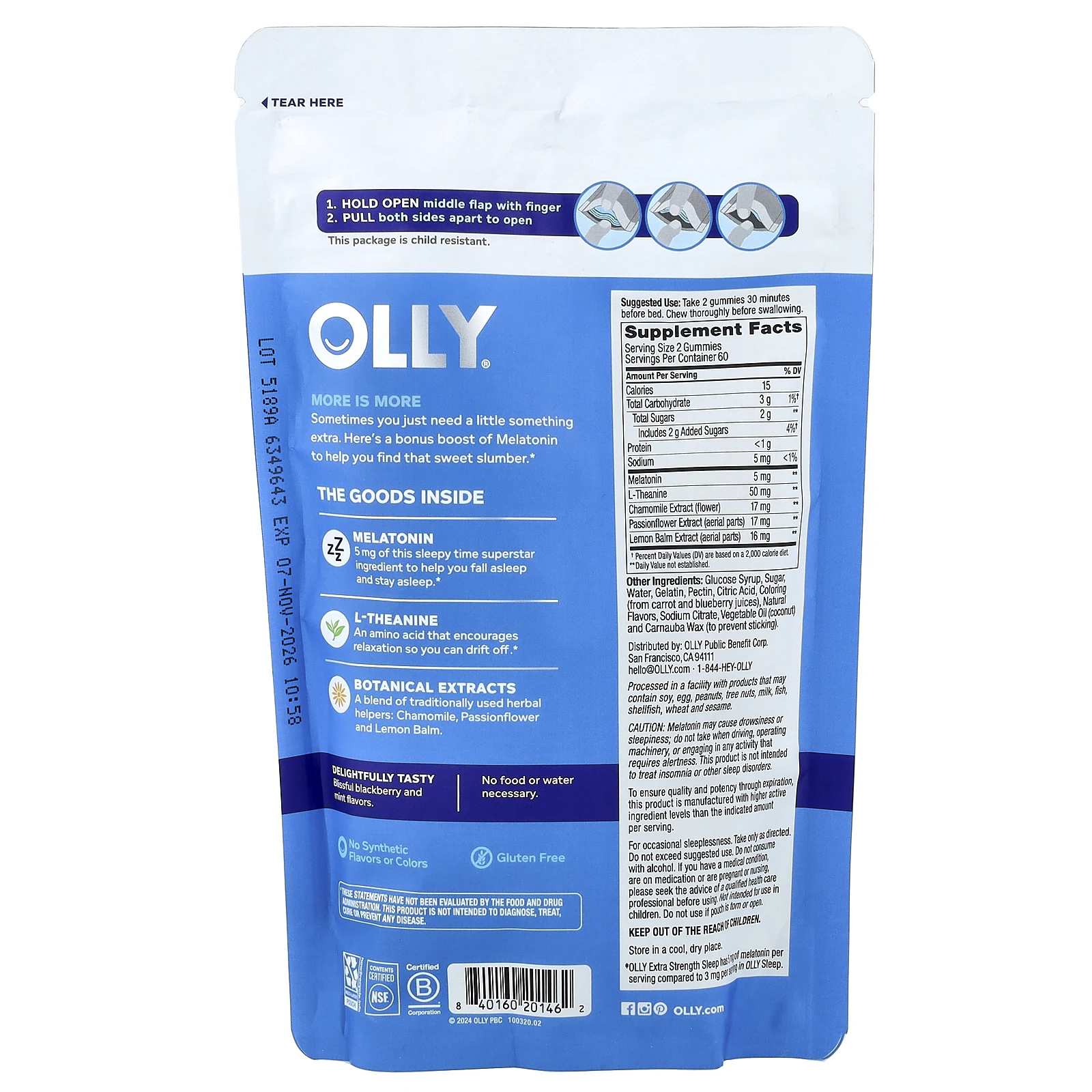 OLLY, жевательные таблетки для сна, со вкусом ежевики, 120 жевательных таблеток