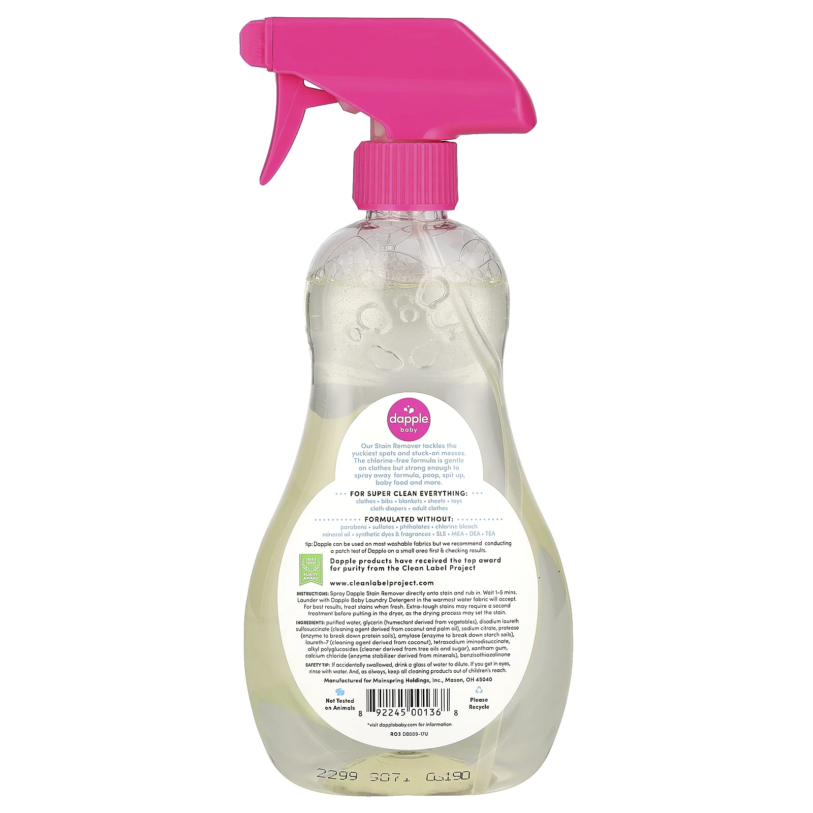 Dapple Baby, Stain Remover Spray, Fragrance Free, 16.9 fl oz (500 ml)