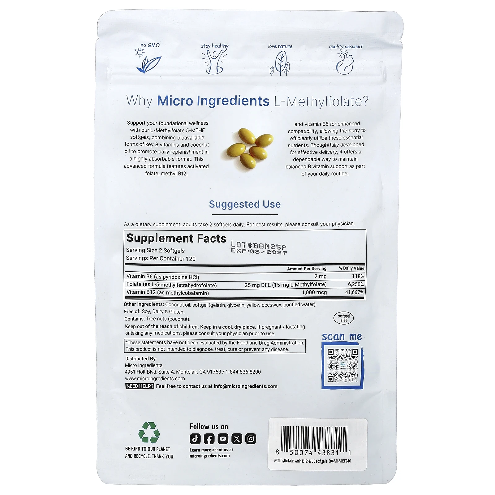 Micro Ingredients, L-метилфолат, 240 капсул