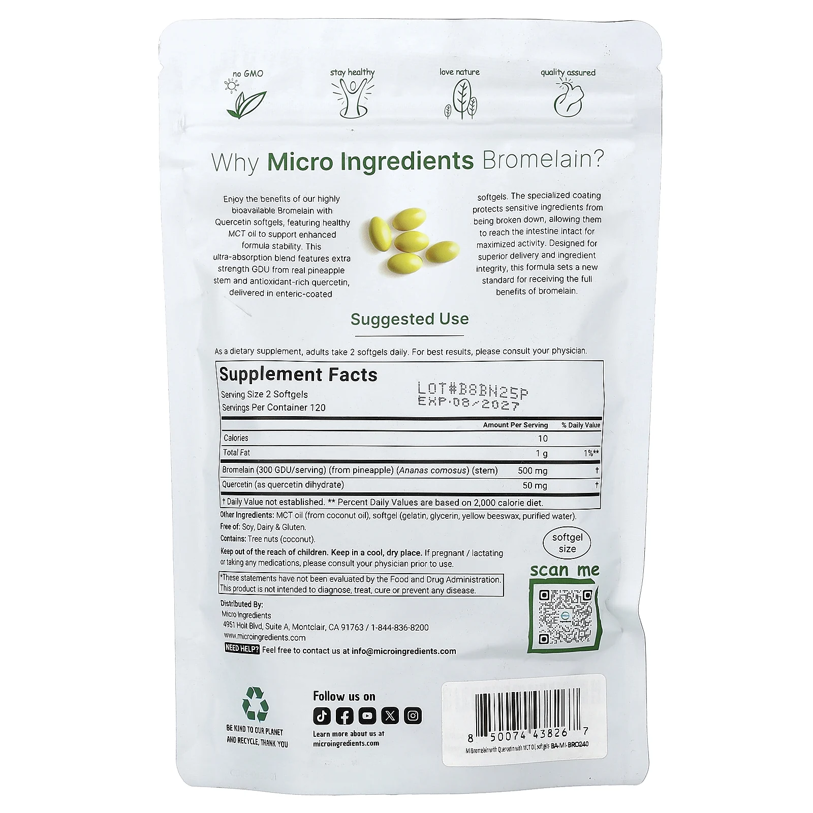 Micro Ingredients, бромелаин с кверцетином, 240 капсул