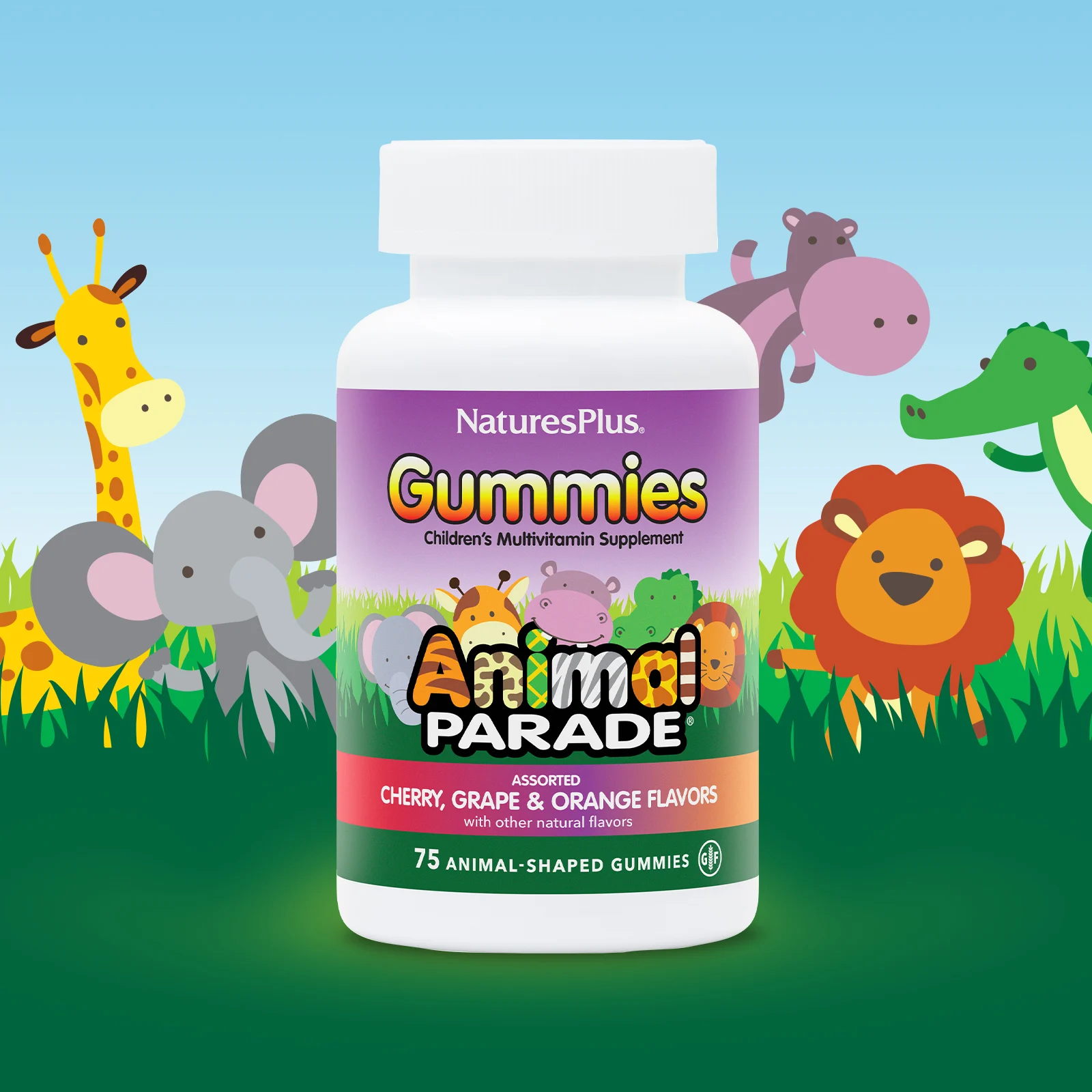 NaturesPlus, Source of Life, детские жевательные конфеты Animal Parade, со вкусом вишни, апельсина и винограда, 75 жевательных конфет в форме животных