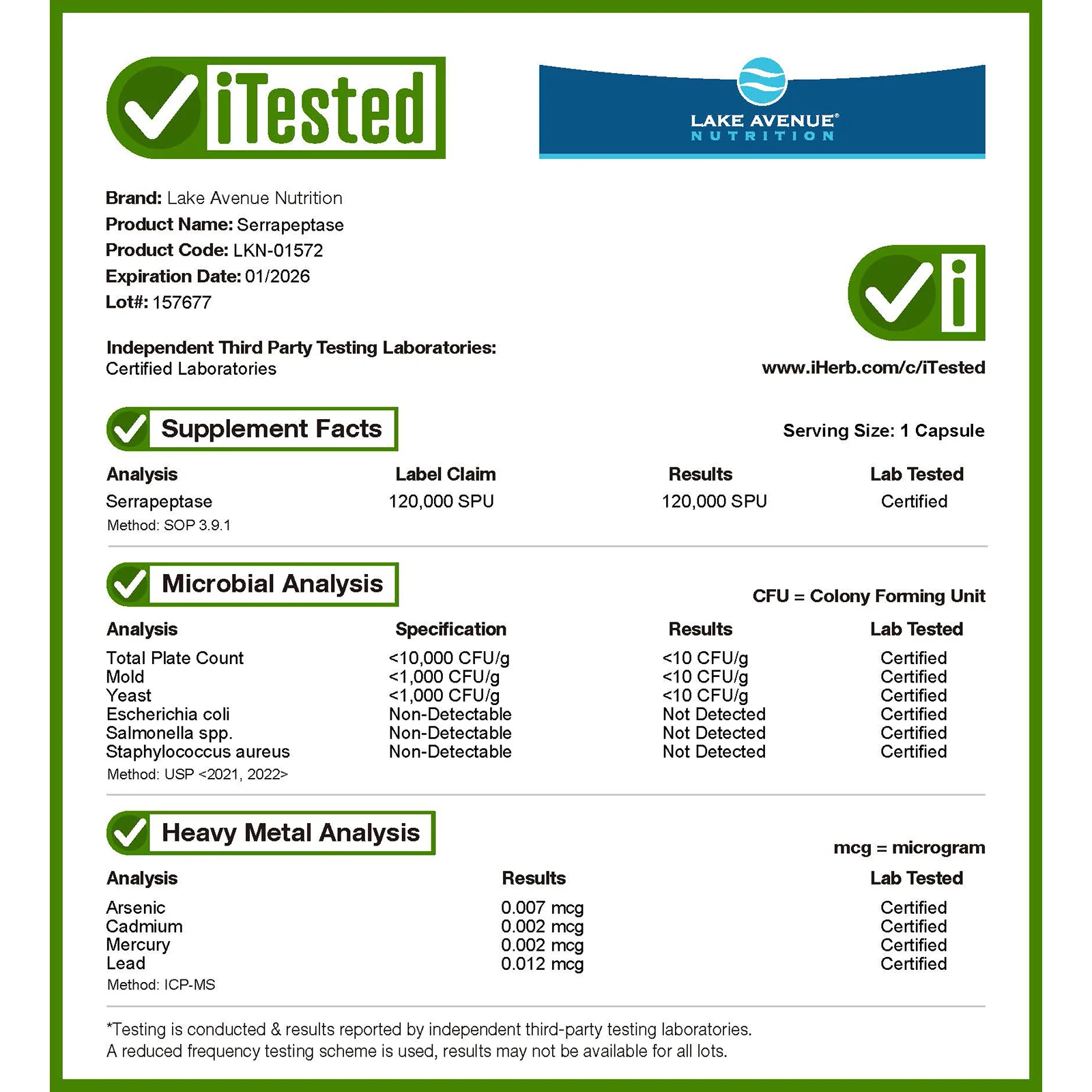 Lake Avenue Nutrition, Серрапептаза, протеолитический фермент, 120 000 SPU, 180 растительных капсул