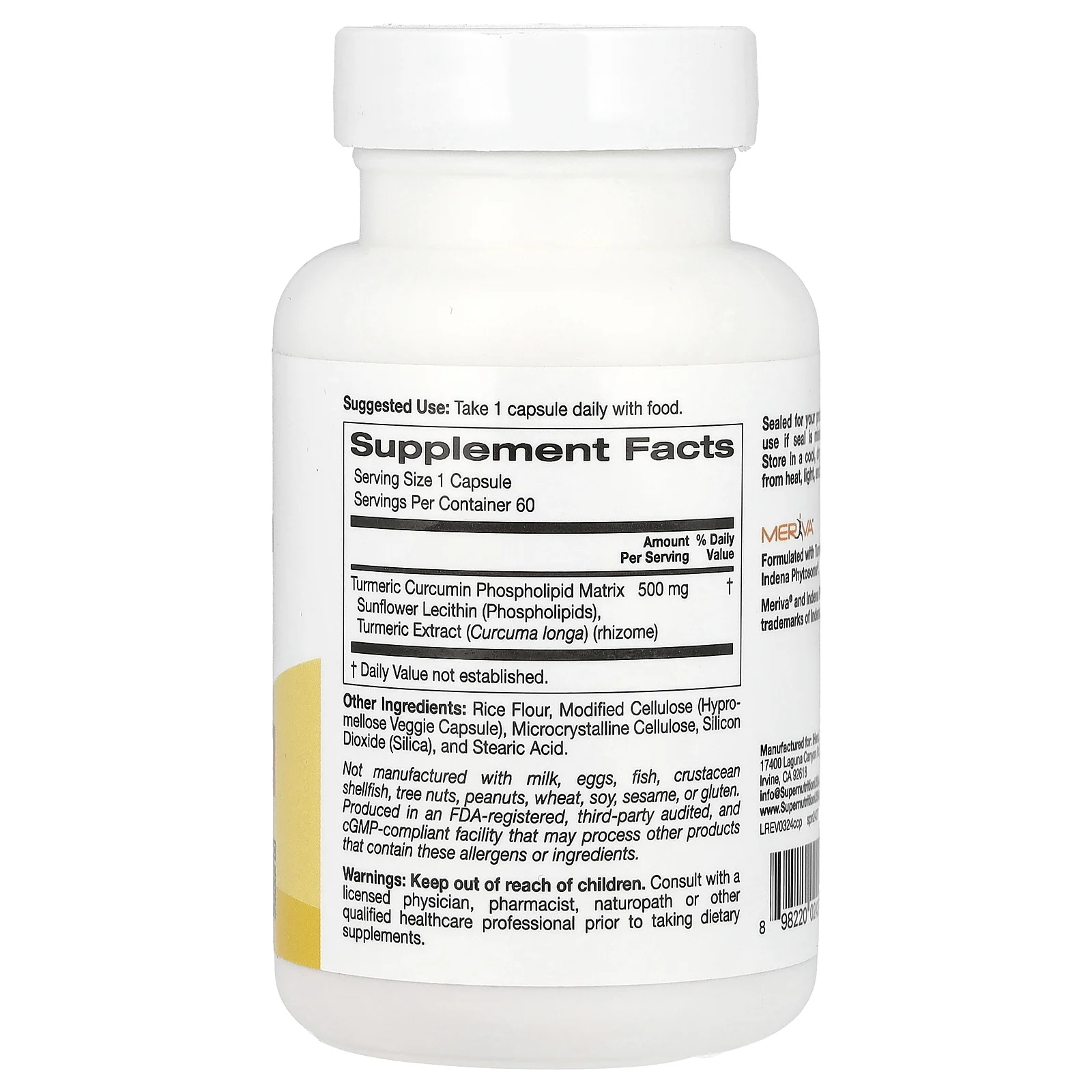 Super Nutrition, Turmeric Curcumin Phytosome Meriva®, фитосомы куркумина из куркумы, 500 мг, 60 растительных капсул