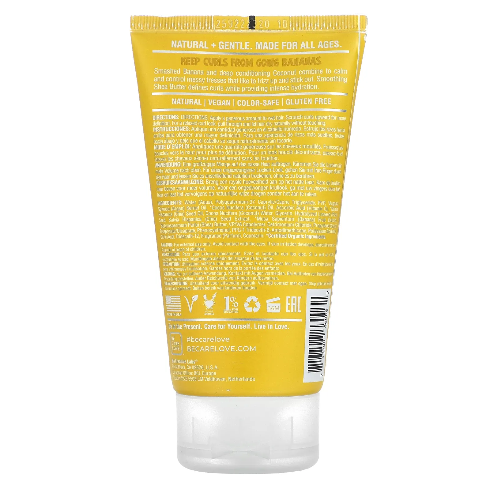 Be Care Love, Superfoods, натуральный и нежный, несмываемый крем для локонов, крем с бананом и кокосом, 147 мл (5 жидк. Унций)