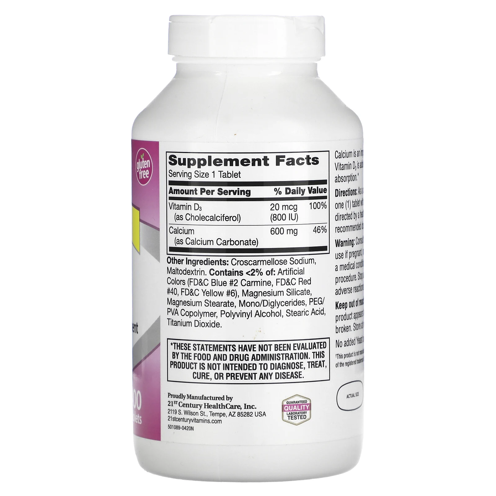 21st Century, 600+D3, добавка с кальцием и витамином D3, 400 таблеток