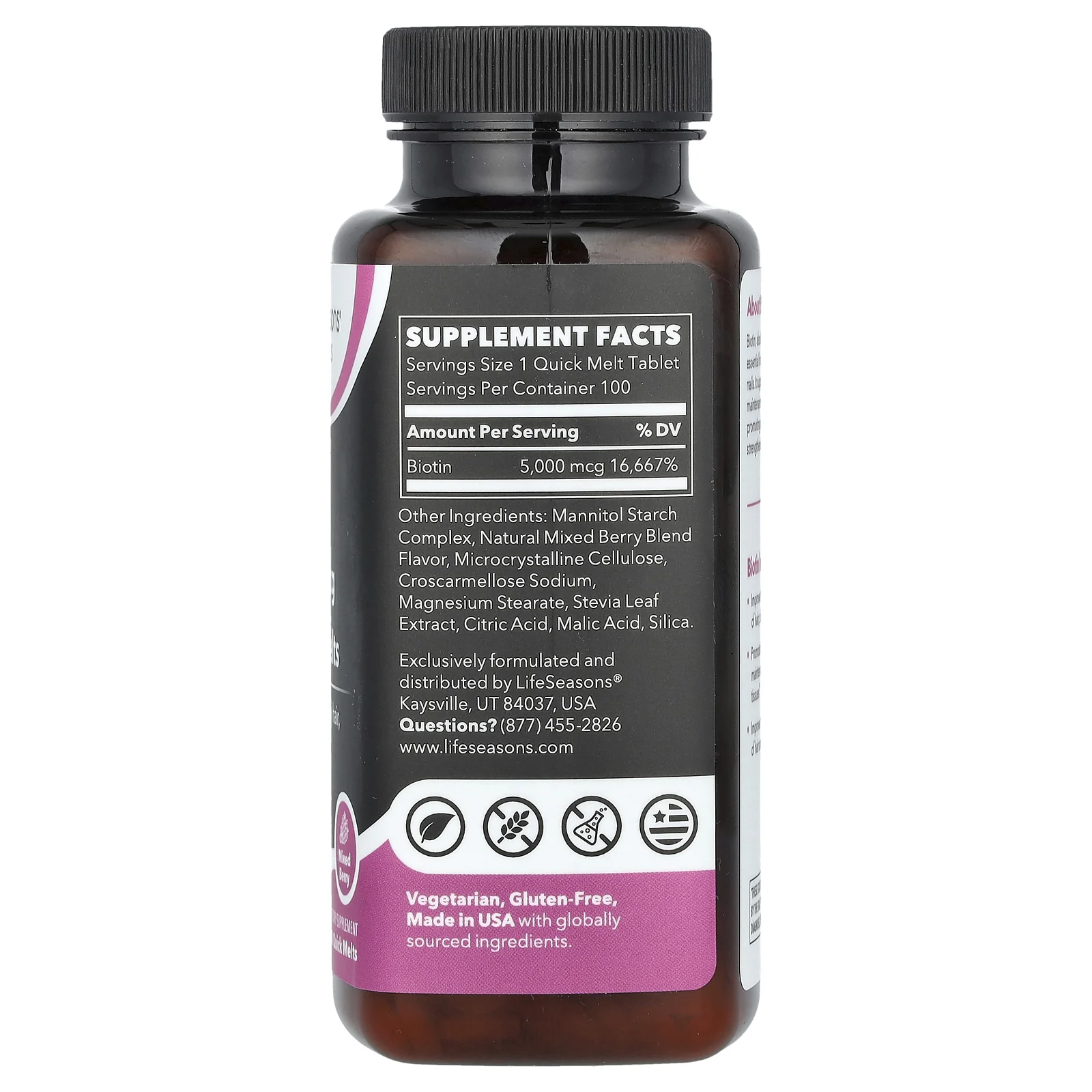 LifeSeasons, Биотин, ягодное ассорти, 5000 мкг, 100 растворимых ингредиентов